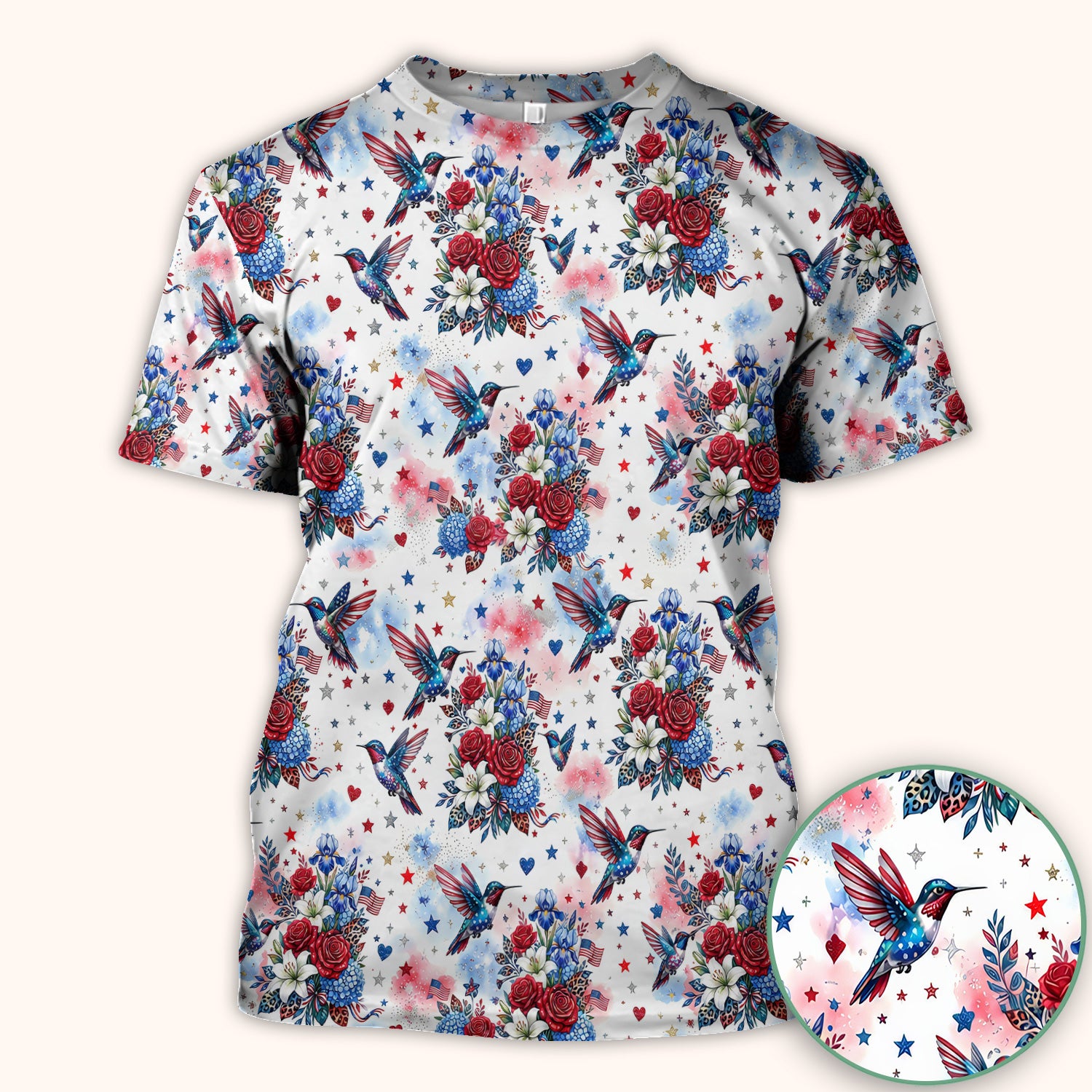 Patriotic Hummingbird Floral Bouquet Pattern Scrub Top, Comfortable Scrubs for Nurses