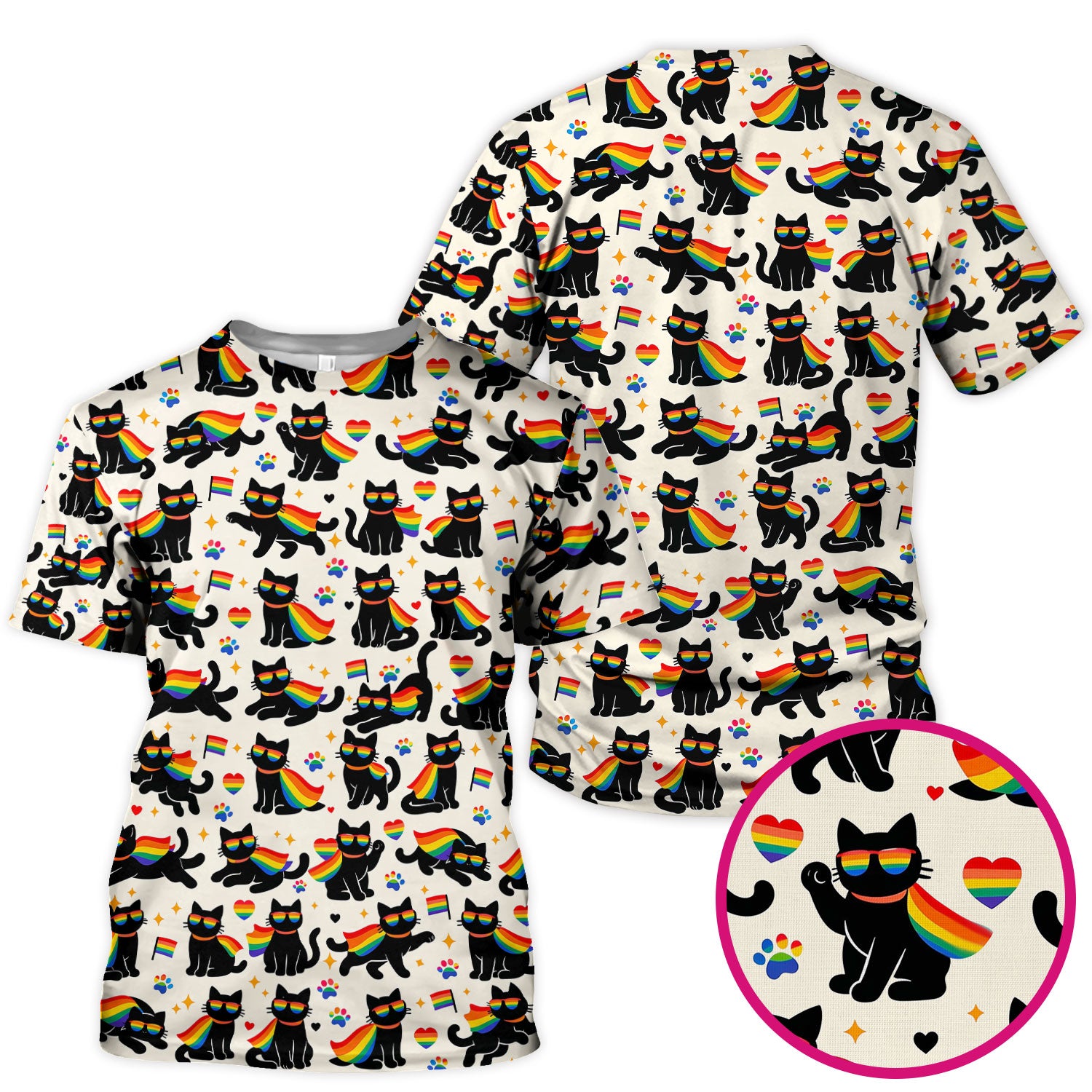 Rainbow Black Cat Pride Pattern Scrub Top, Breathable Fabrics Nursing Uniform