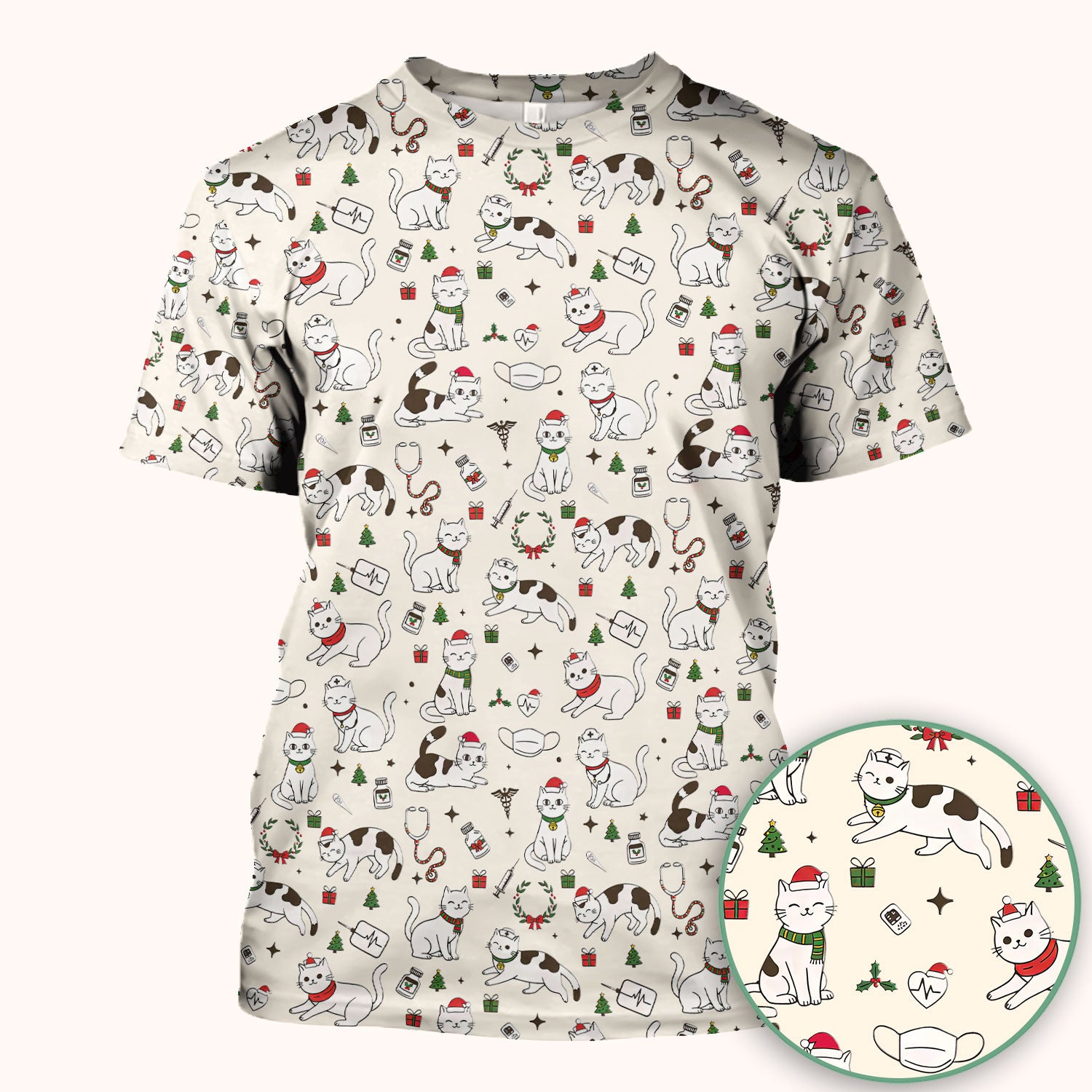 Christmas Cat Scrub Top – Festive Nurse & Holiday Kitty Pattern – Cute Medical Uniform for Nurses, Vets and Healthcare Workers