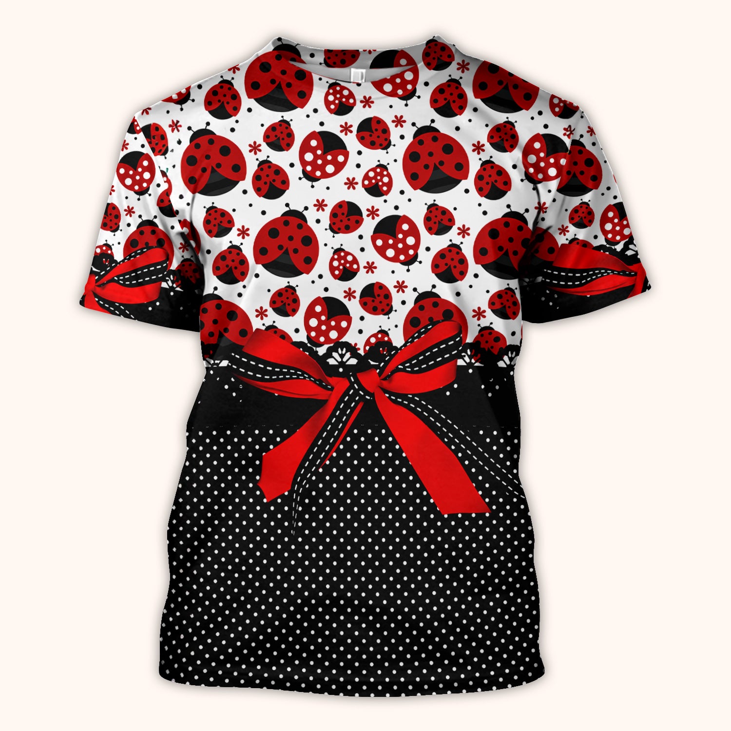 Cute Ladybug Red Ribbon Polka Pattern Scrub Top, Breathable Fabrics Nursing Uniform