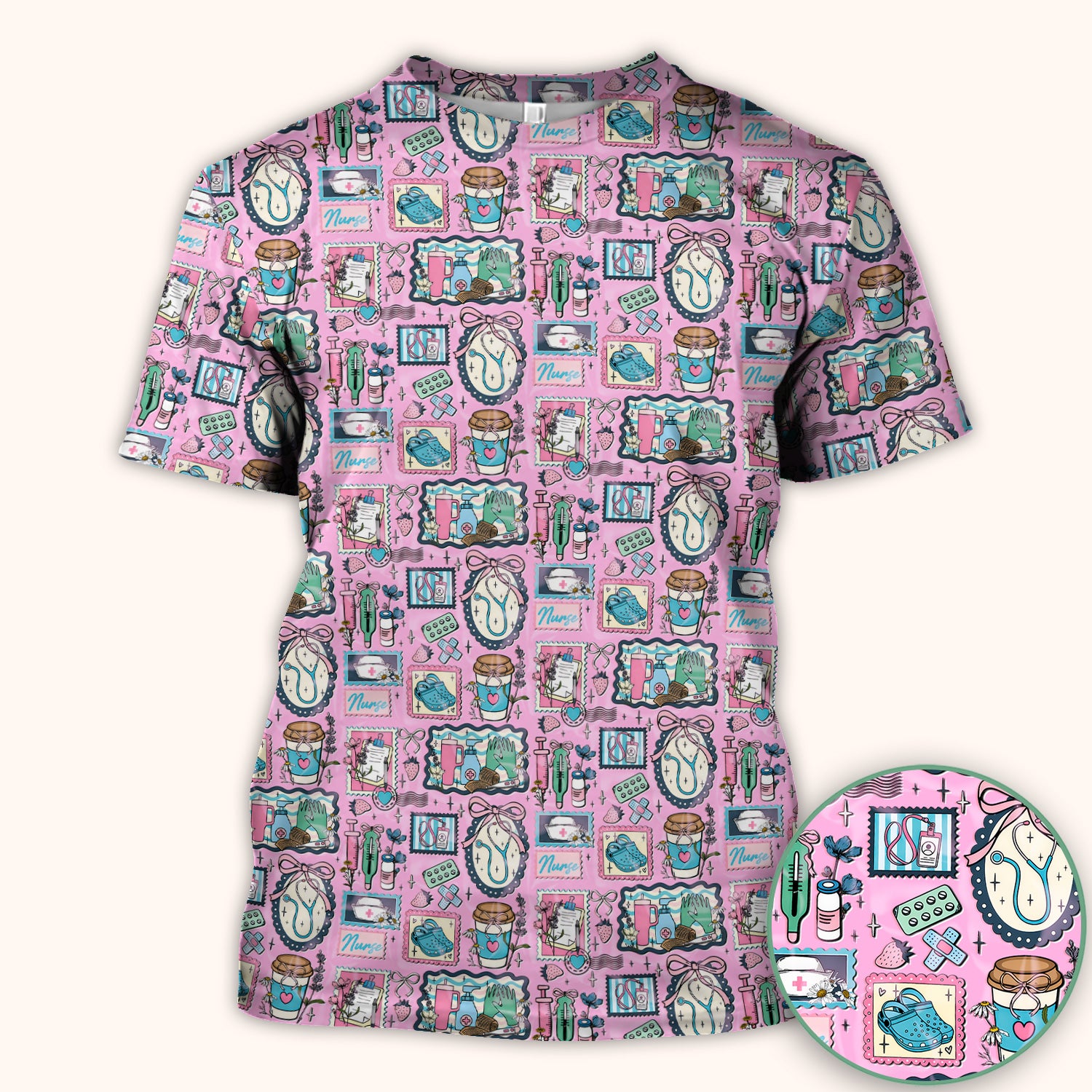 Medical Tools Stethoscope Syringe Frame Scrub Top, Breathable Fabrics Nursing Uniform