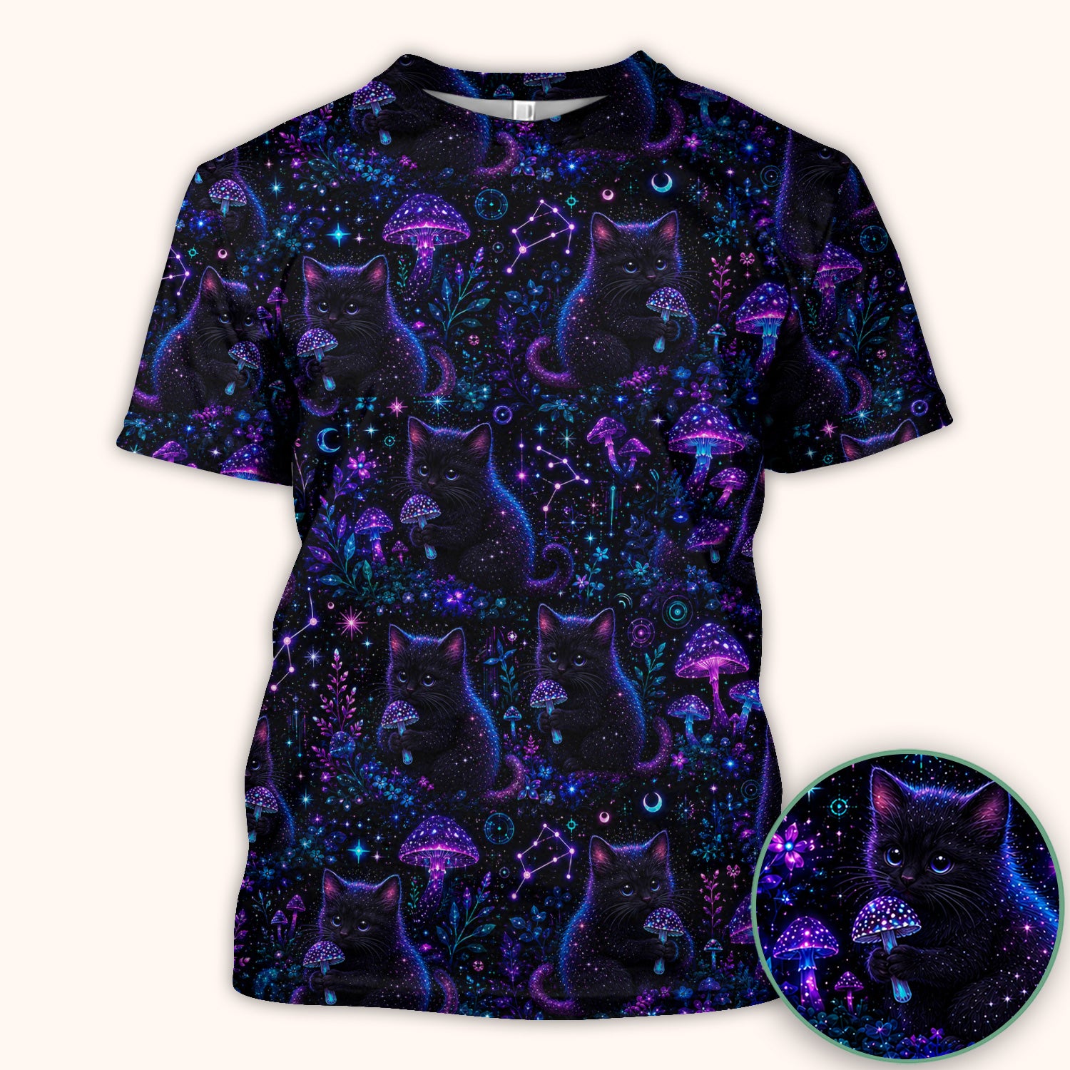 Neon Black Cat Mushroom Galaxy Pattern Scrub Top, Comfortable Scrubs for Nurses