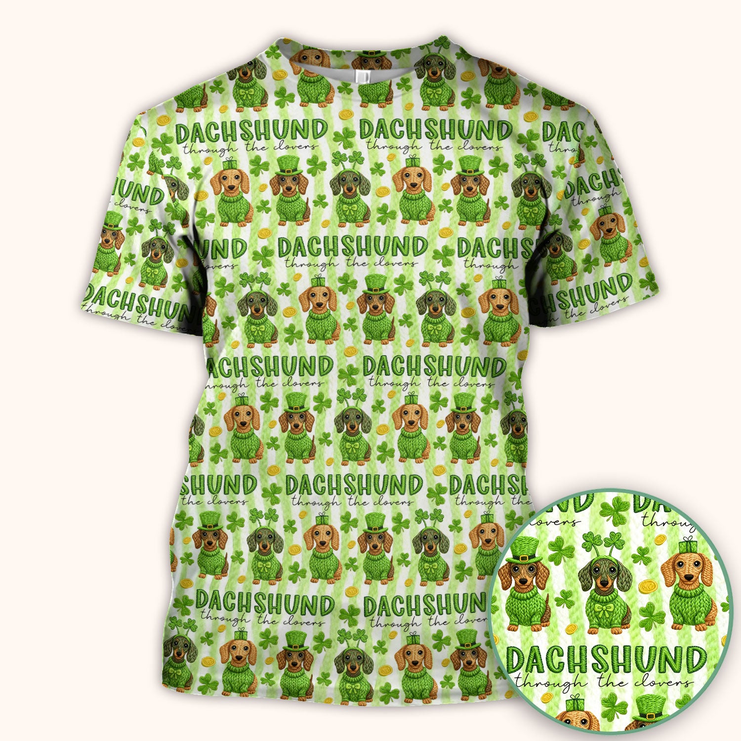 Wiener Dog St. Patrick’s Day Scrub Top, Shamrock Dachshund Pattern Nurse Shirt, Breathable Fabrics Nursing Uniform