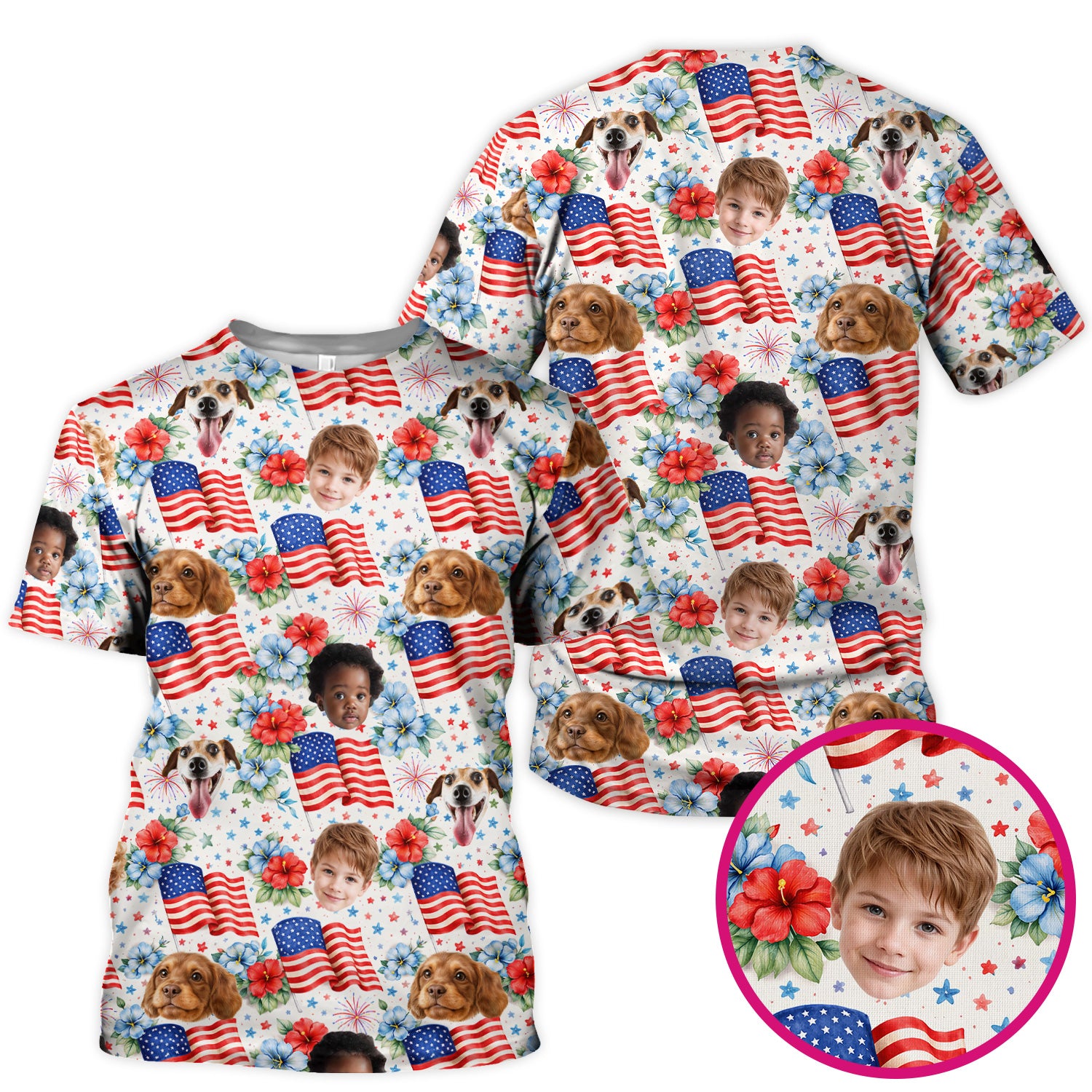 Custom Photo Patriotic Kids & Pet Faces Flag Nurse Scrub Top, Breathable Fabrics Nursing Uniform