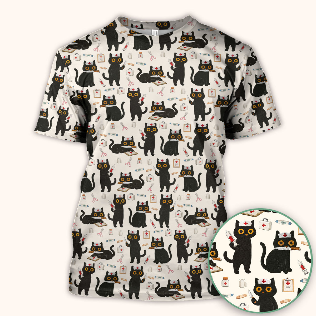 Cute Black Cat Nurse Pattern Scrub Top, Comfortable Scrubs for Nurses