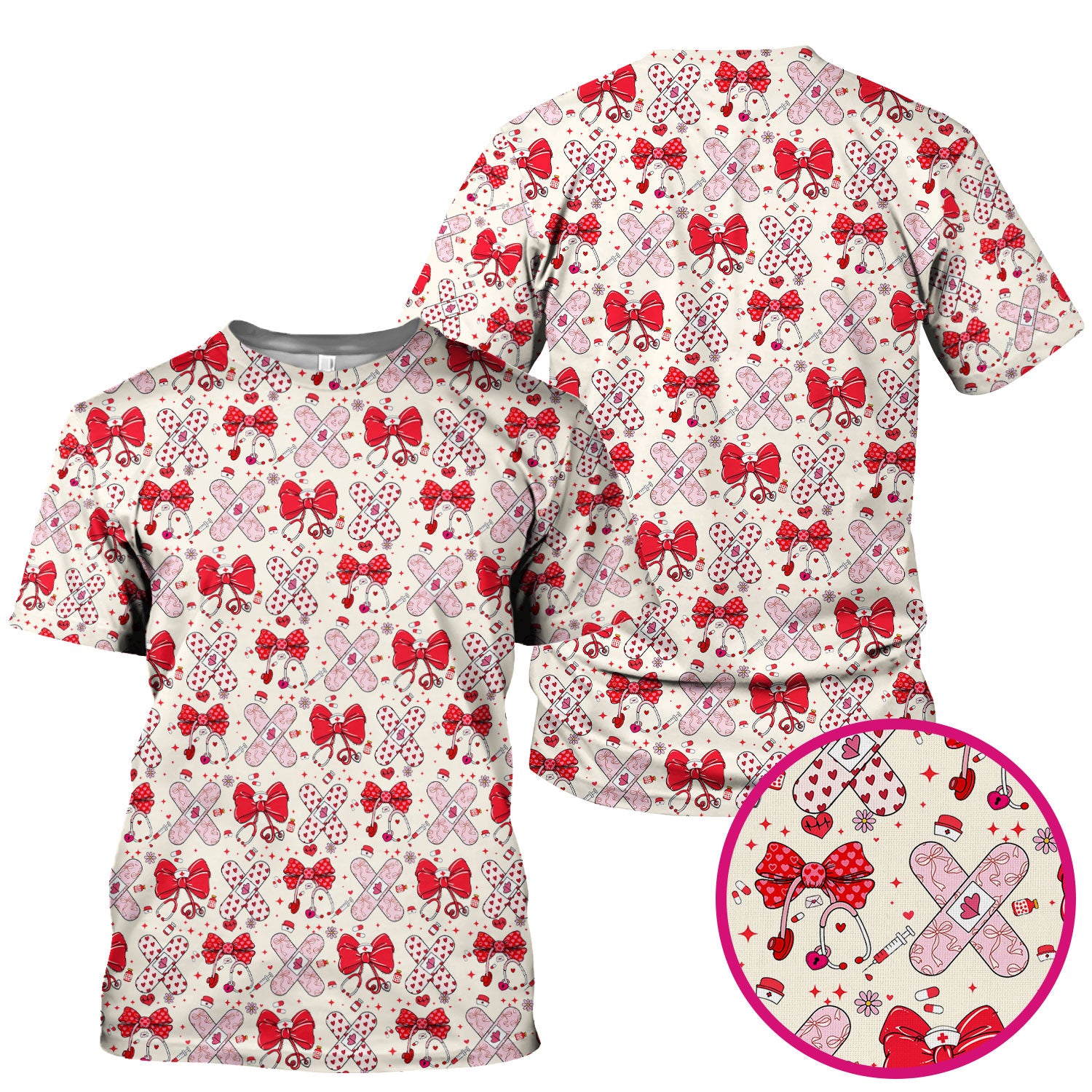 Valentine Nurse Scrub Top, Red Bow And Heart Bandage Pattern Medical Shirt, Breathable Fabrics Nursing Uniform