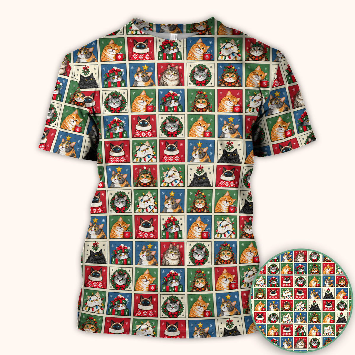 Cute Christmas Cat Patchwork Scrub Top, Comfortable Scrubs for Nurses
