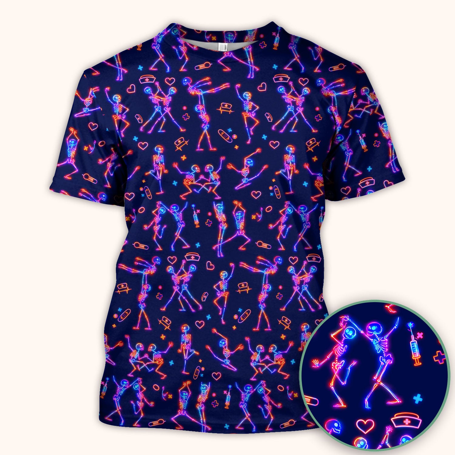 Neon Dancing Skeleton Medical Pattern Scrub Top, Comfortable Scrubs for Nurses
