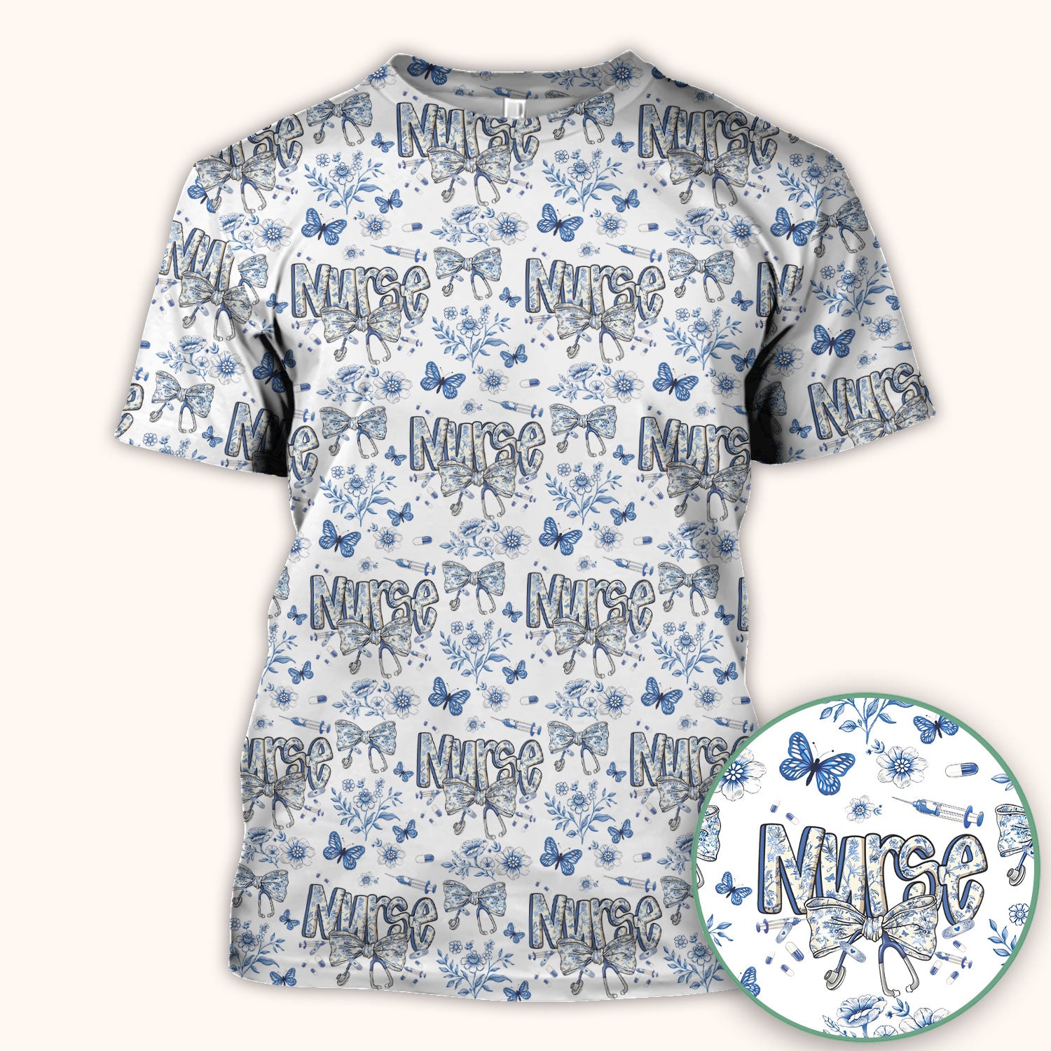 Blue Nurse Letter Bow Butterfly Floral Print Scrub Top, Comfortable Scrubs for Nurses