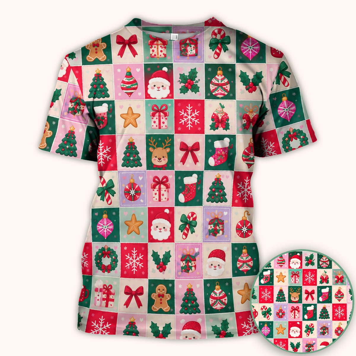 Cute Christmas Santa Patchwork Scrub Top, Comfortable Scrubs for Nurses