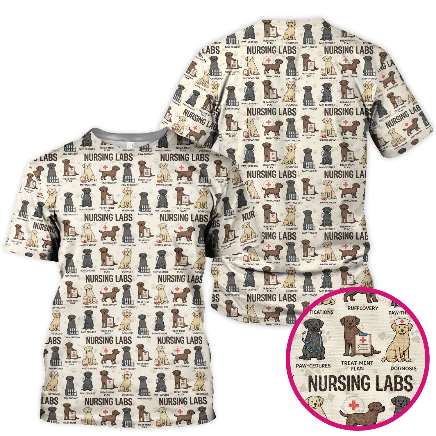 Playful Nursing Labs Dog Pattern Scrub Top, Comfortable Scrubs for Nurses