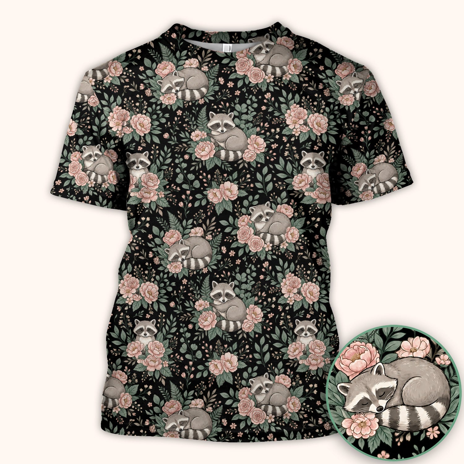 Sleeping Raccoon Rose Garden Pattern Scrub Top, Breathable Fabrics Nursing Uniform