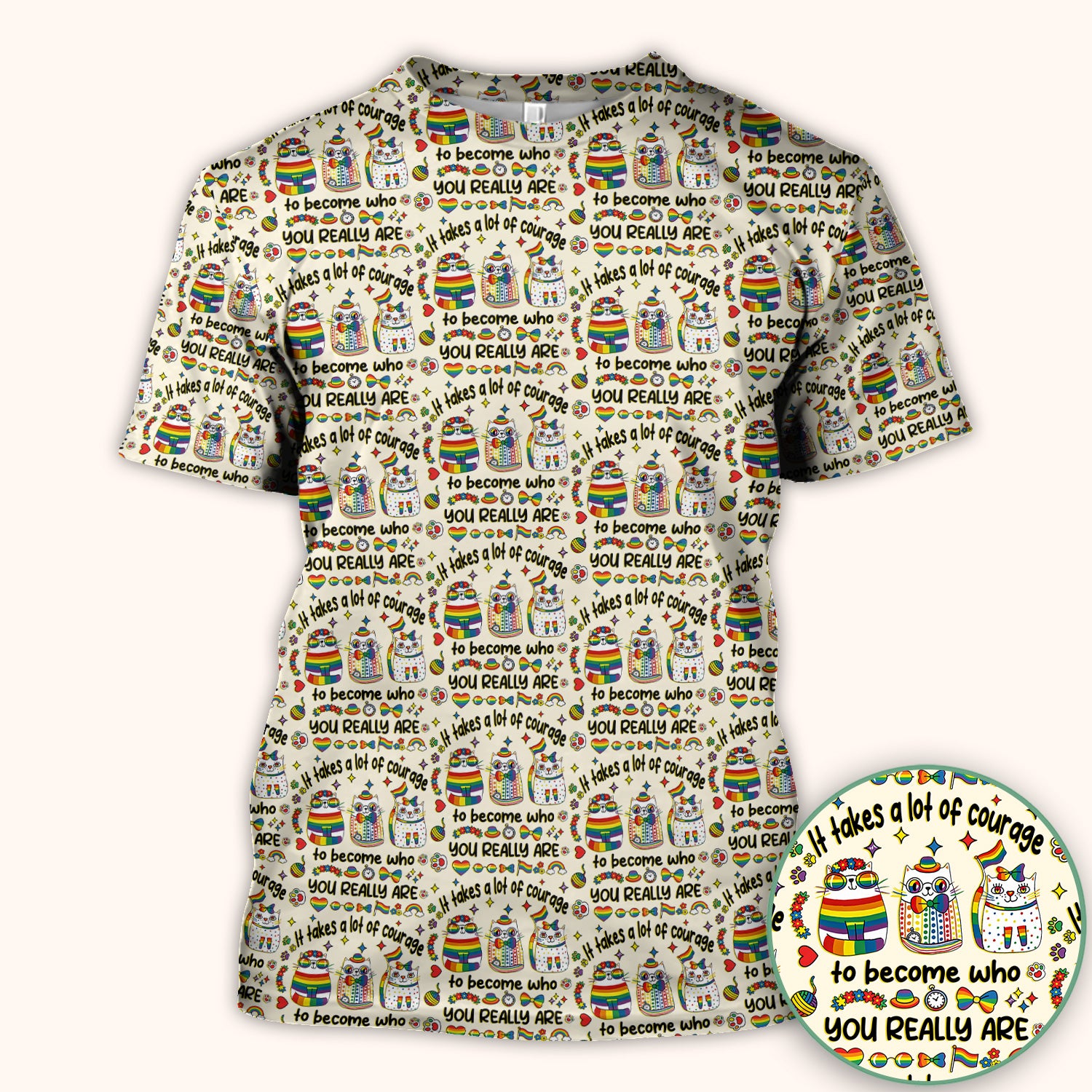 Inspirational Nurse Rainbow Cat Courage Quote Pattern Scrub Top, Breathable Fabrics Nursing Uniform
