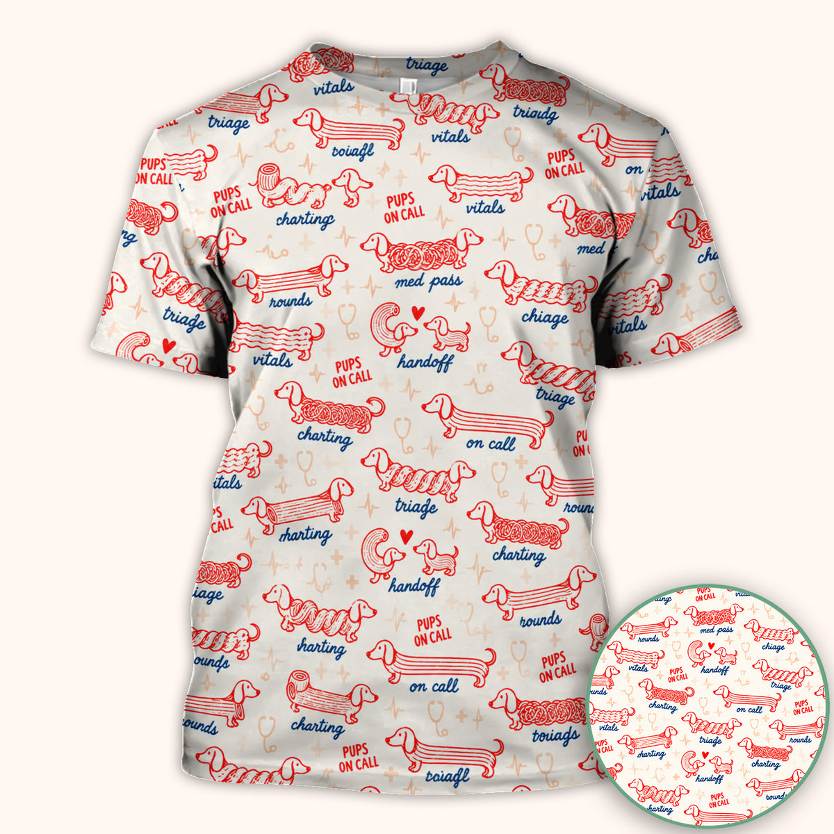 Cute Pups On Call Dachshund Pattern Scrub Top, Comfortable Scrubs for Nurses