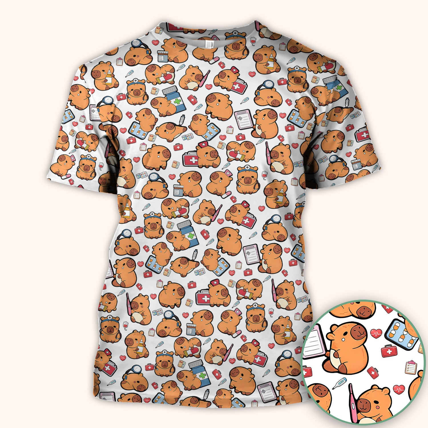 Capybara With Stethoscope And Medical Tools Seamless Scrub Top, Breathable Fabrics Nursing Uniform