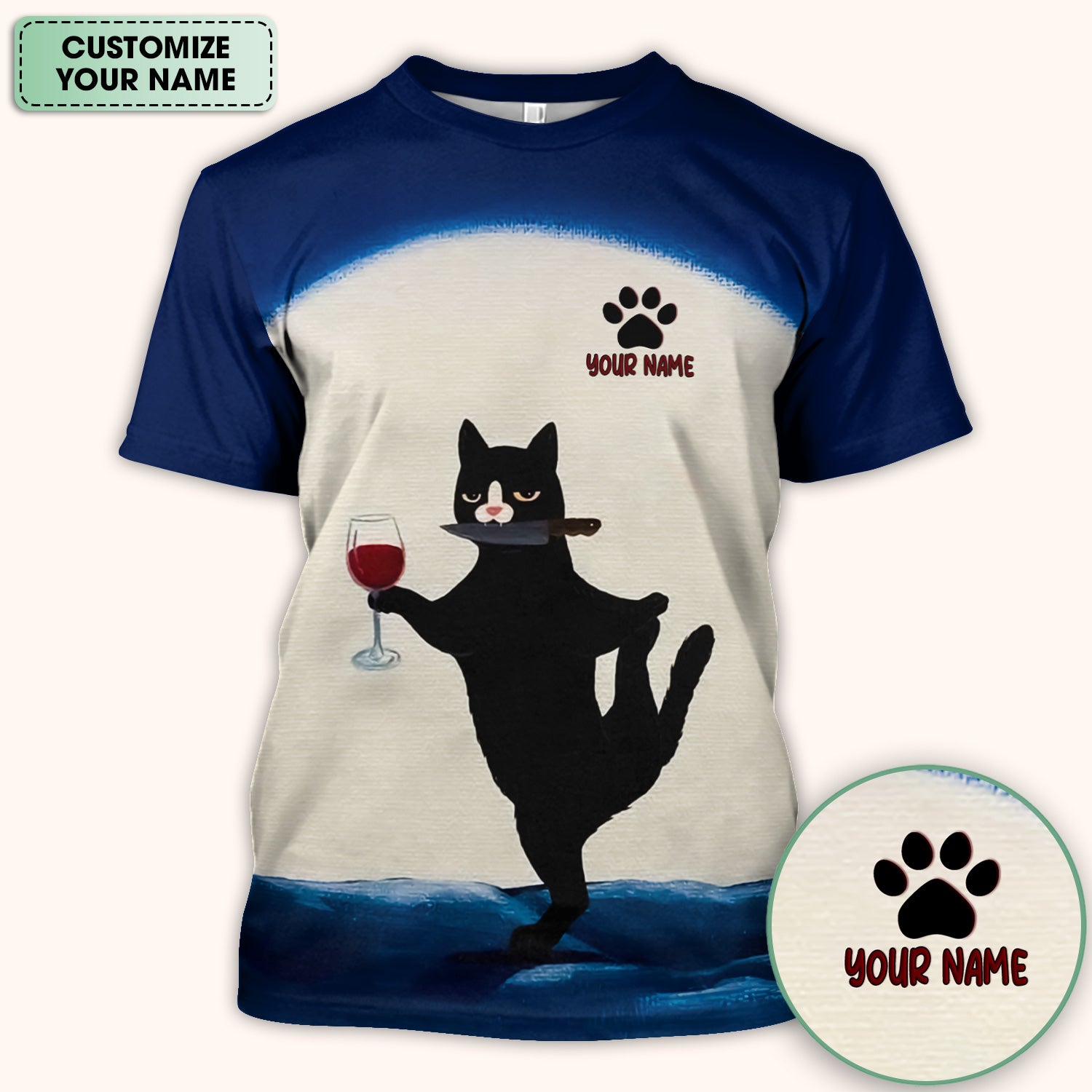 Personalized Funny Cat Holding Wine Glass Knife Pose Pattern Scrub Top, Comfortable Scrubs for Nurses