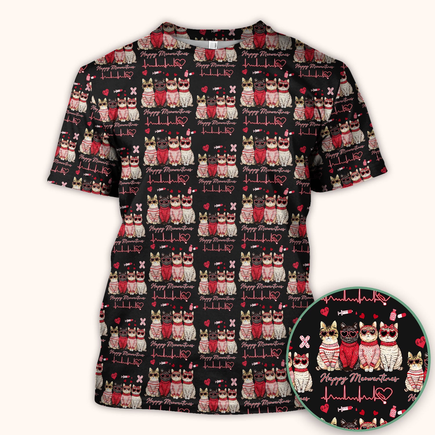 Happy Meowtines Cat Pattern Scrub Top, Valentine Cat Lover Nurse Scrub Shirt, Heartbeat Medical Pattern Nursing Uniform