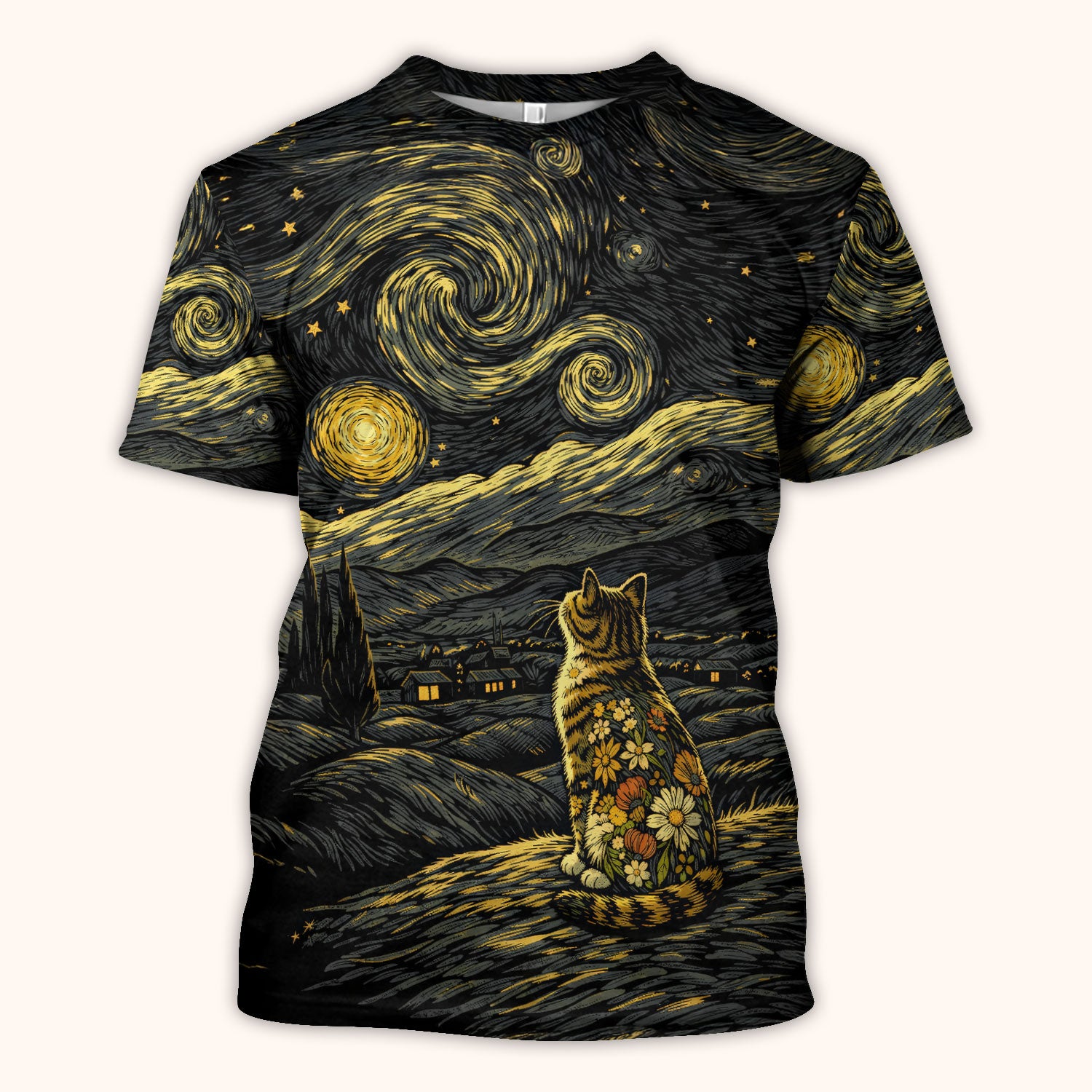 Galaxy Night Sky Cat With Flowers Print Scrub Top, Breathable Fabrics Nursing Uniform