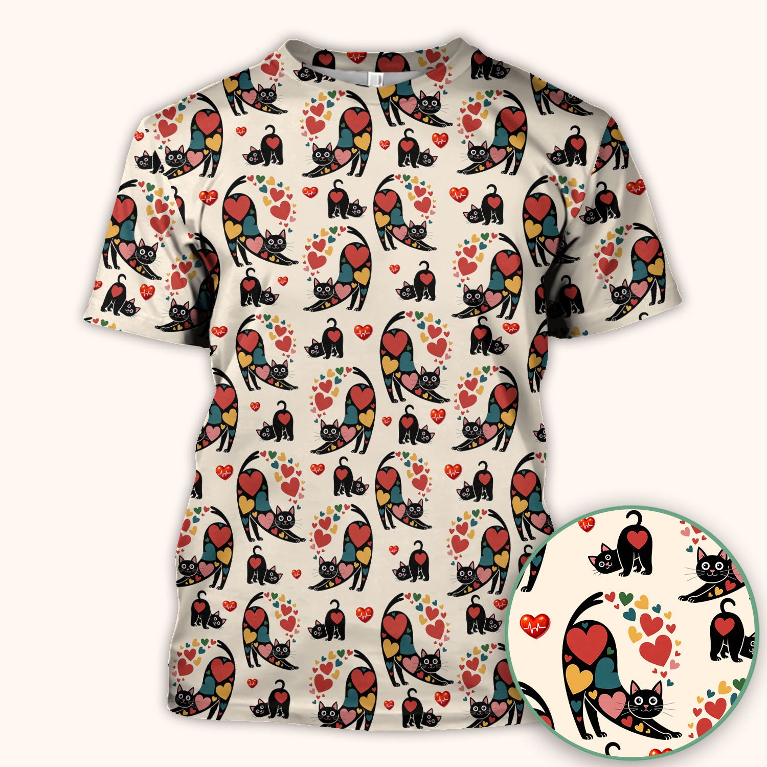 Playful Cat Valentine Heart Print Nurse Scrub Top, Comfortable Scrubs for Nurses