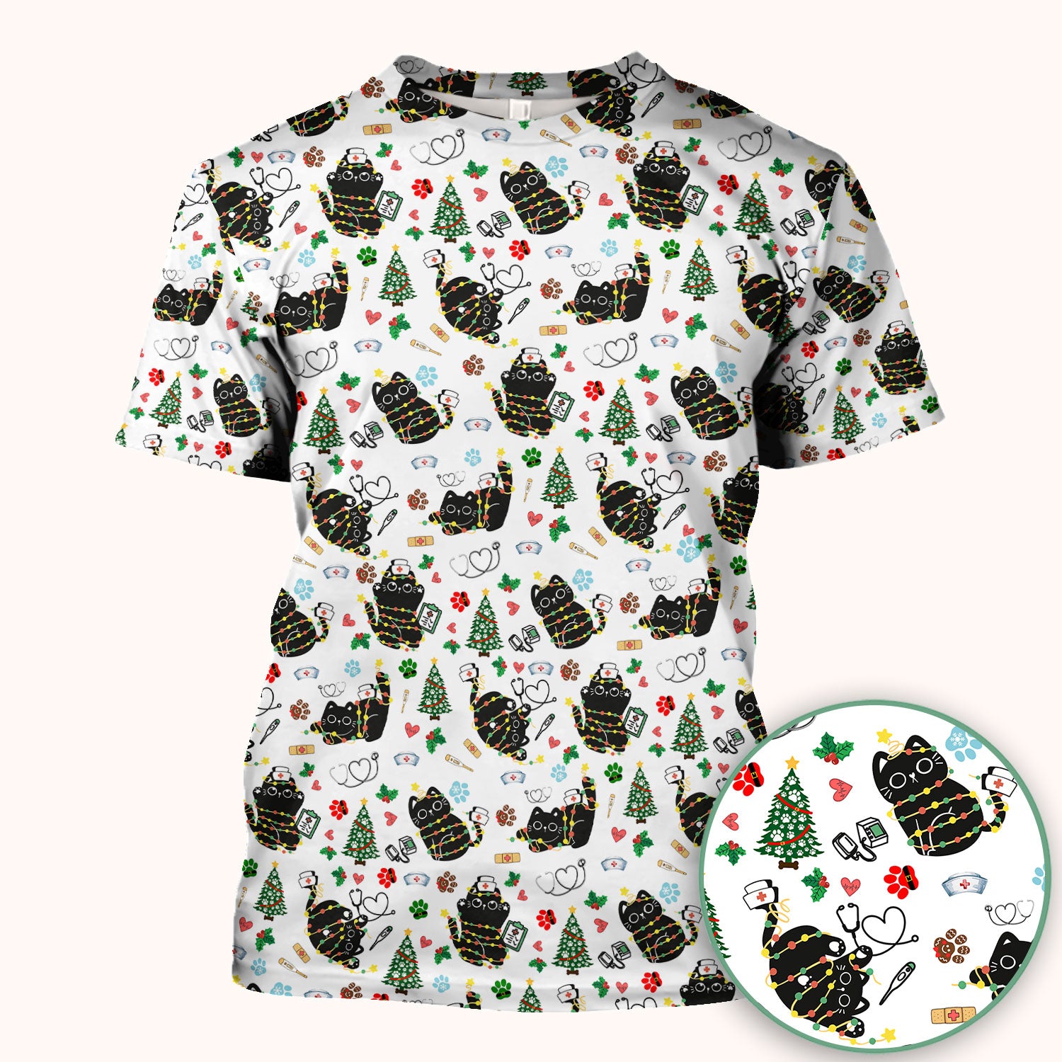 Funny Black Cat Christmas Scrub Top – Cute Holiday Kitty Pattern – Festive Medical Uniform for Nurses, Vets, and Cat Lovers