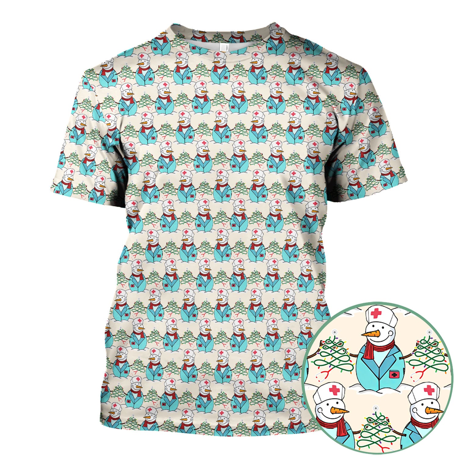 Christmas Nurse Scrubs for Women - Cute Snowman Medical Print Top - Multi Color Custom Nursing Shirt Holiday Gift for Healthcare Workers