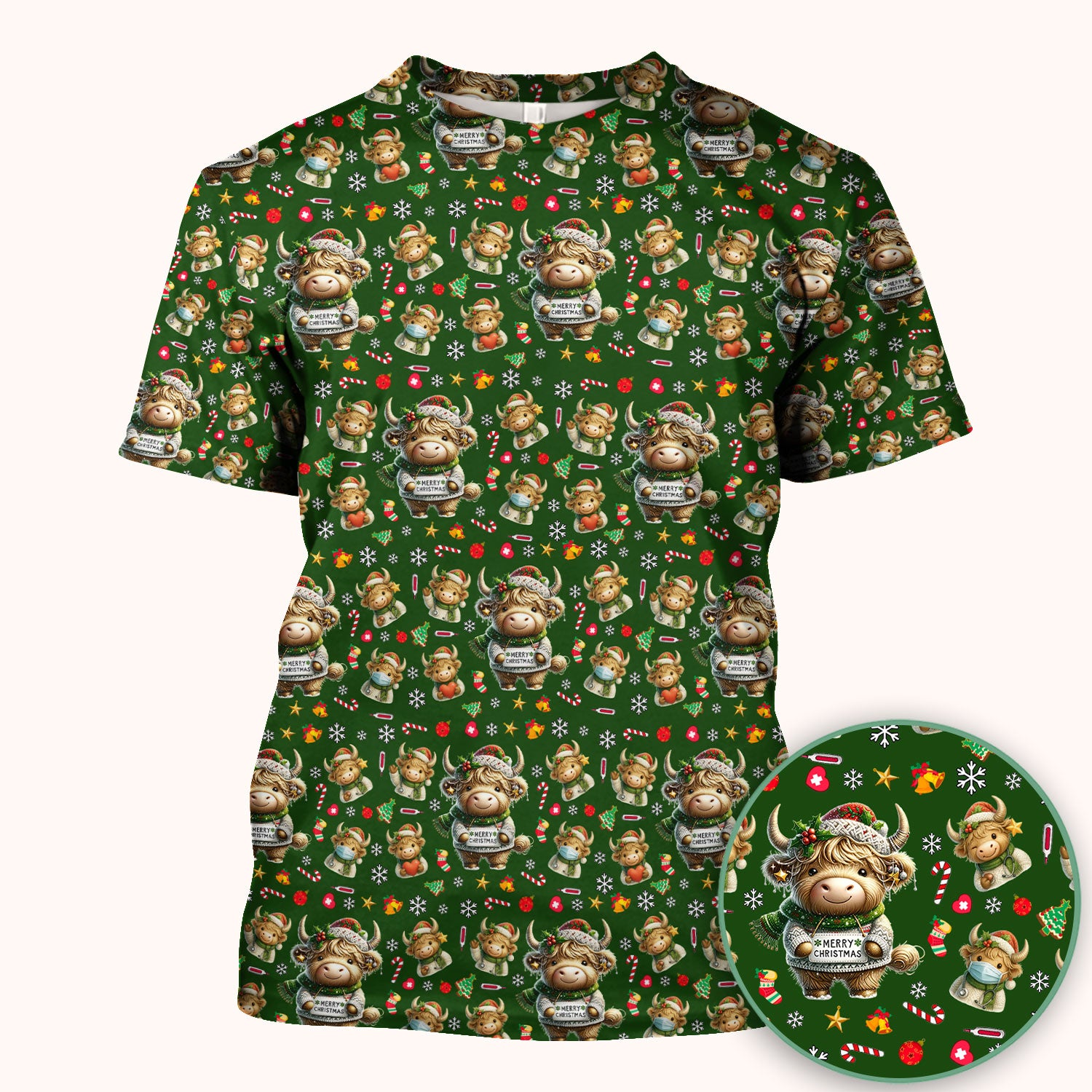Highland Cow Christmas Scrub Top, Festive Cow Nurse Shirt With Holiday Pattern, Cute Medical Uniform For Women