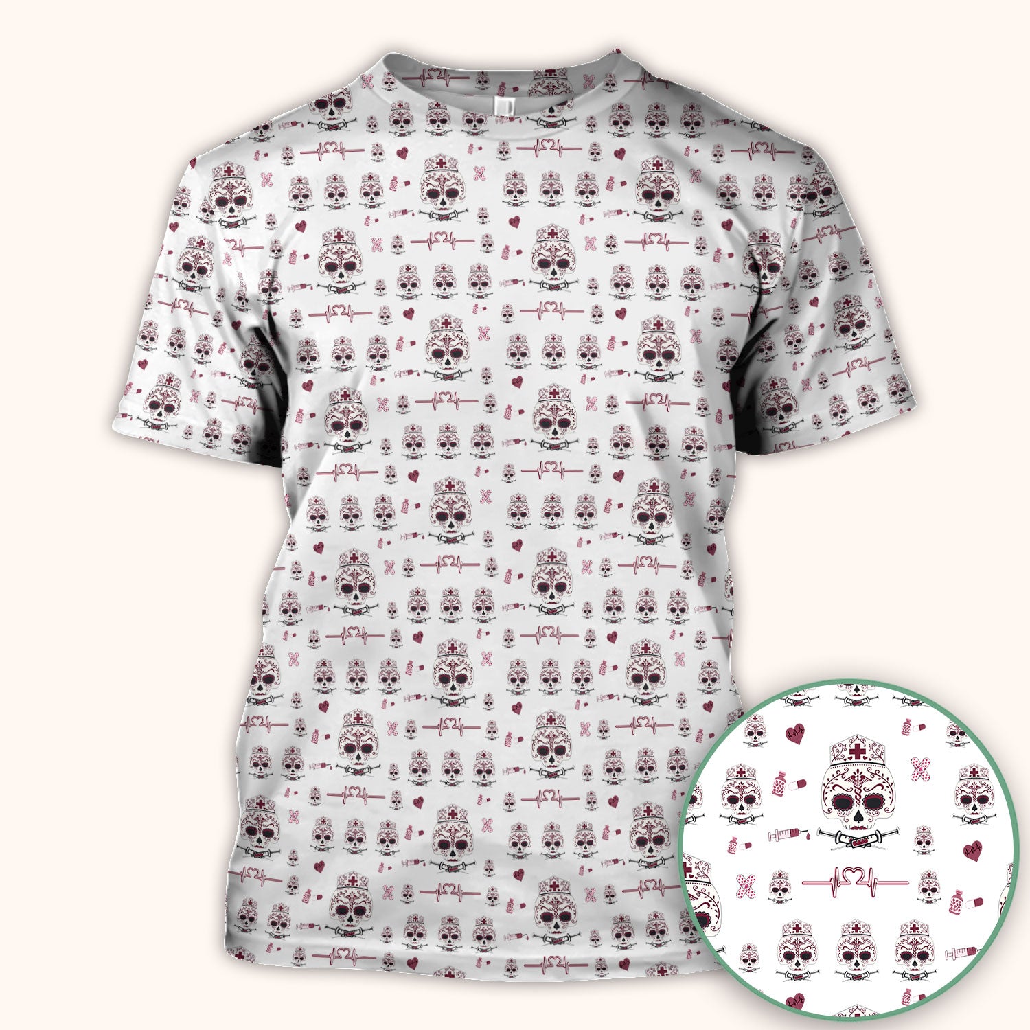 Sugar Skull Scrub Top, Skull Pattern Scrub Shirt, Breathable Fabrics Nursing Uniform