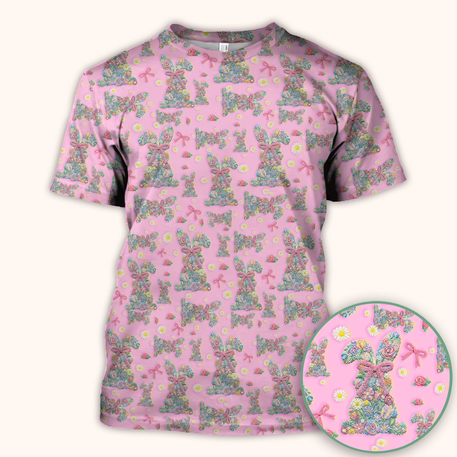 Colorful Floral Bunny with Pink Bow Pattern Scrub Top, Breathable Fabrics Nursing Uniform, Easter