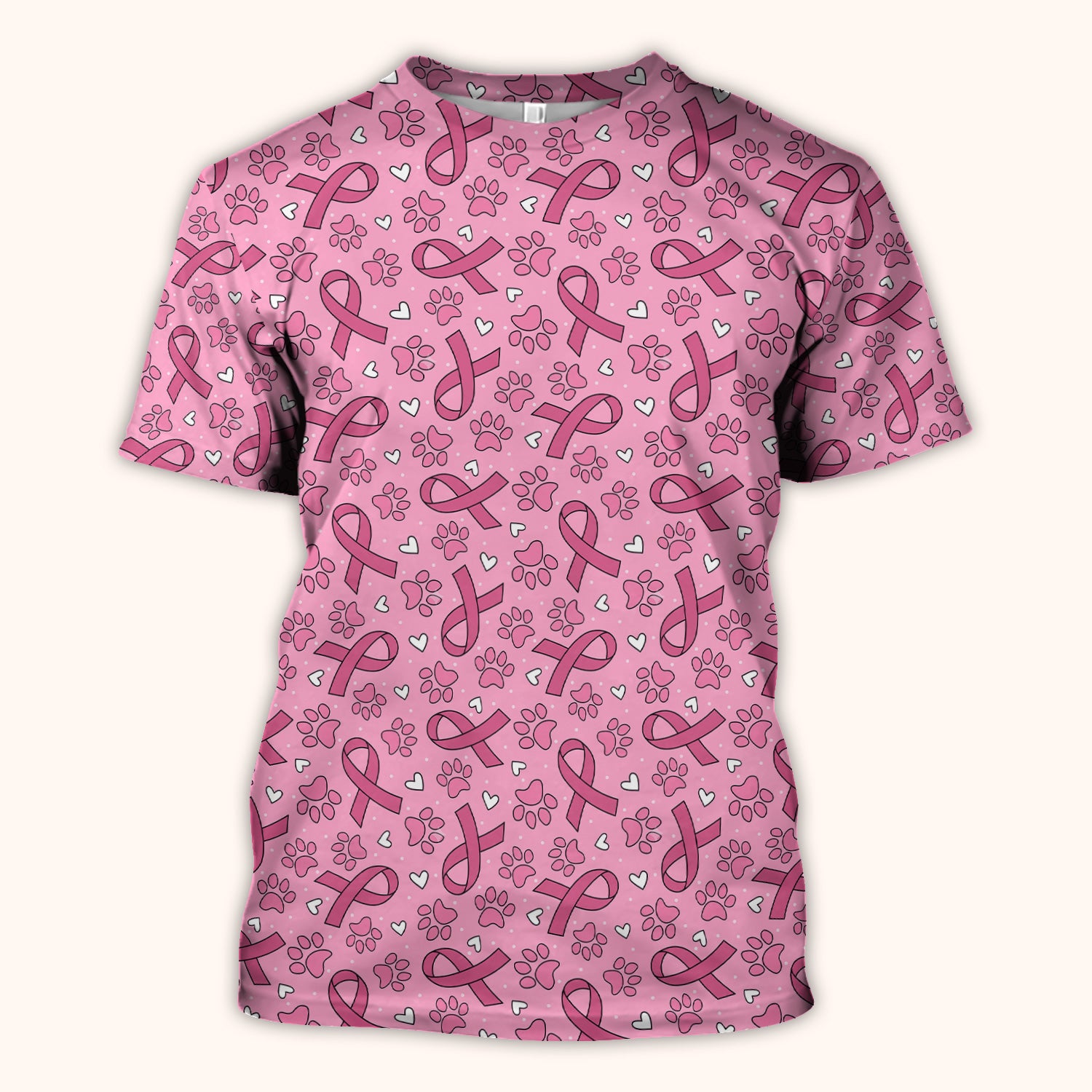 Pink Ribbon Paw Print Scrub Top, Comfortable Scrubs for Nurses