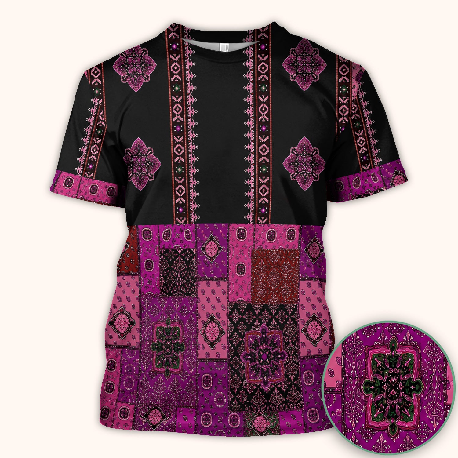 Boho Pink Bandana Patchwork Pattern Scrub Top, Comfortable Scrubs for Nurses