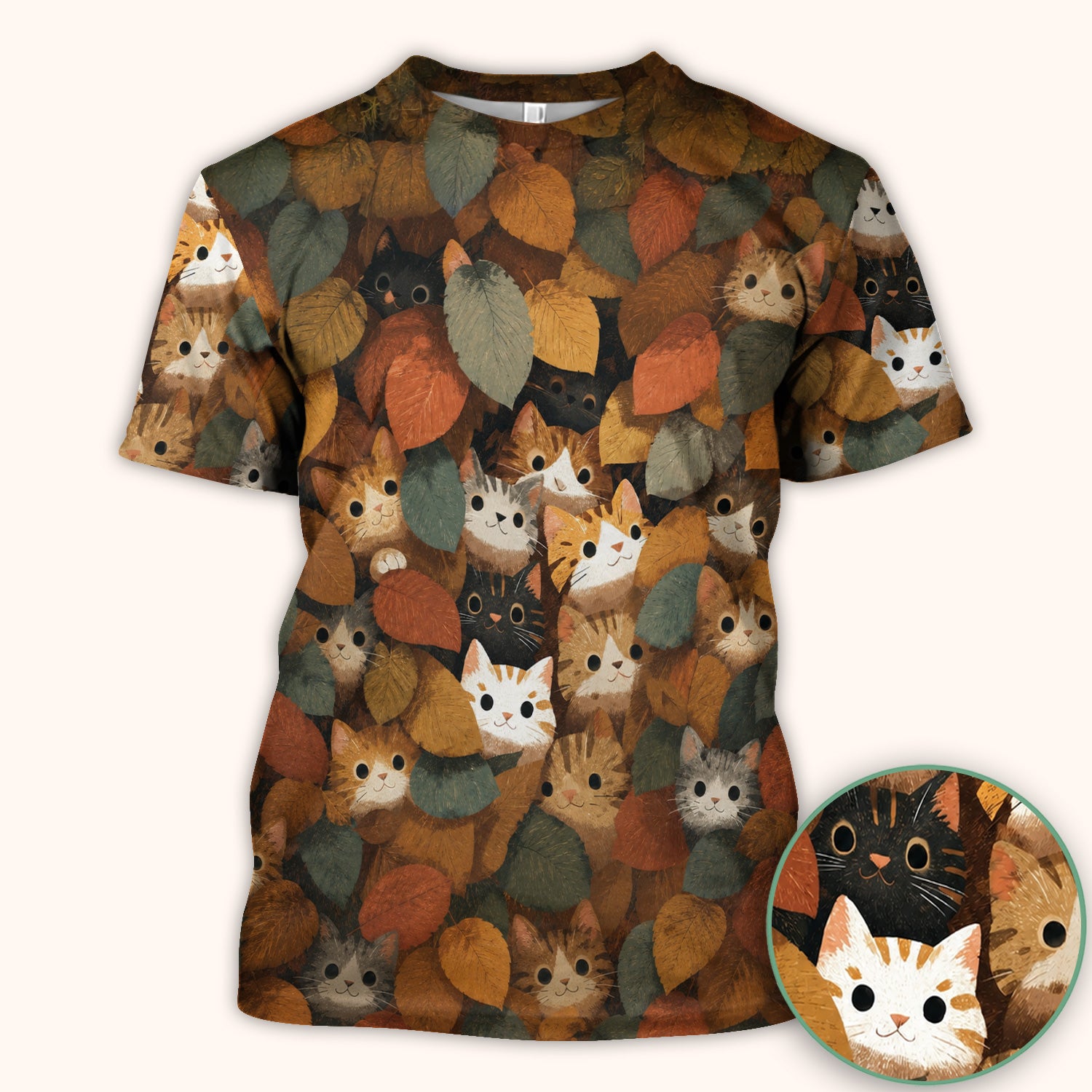 Cute Autumn Cat Leaf Pile Pattern Scrub Top, Comfortable Scrubs for Nurses