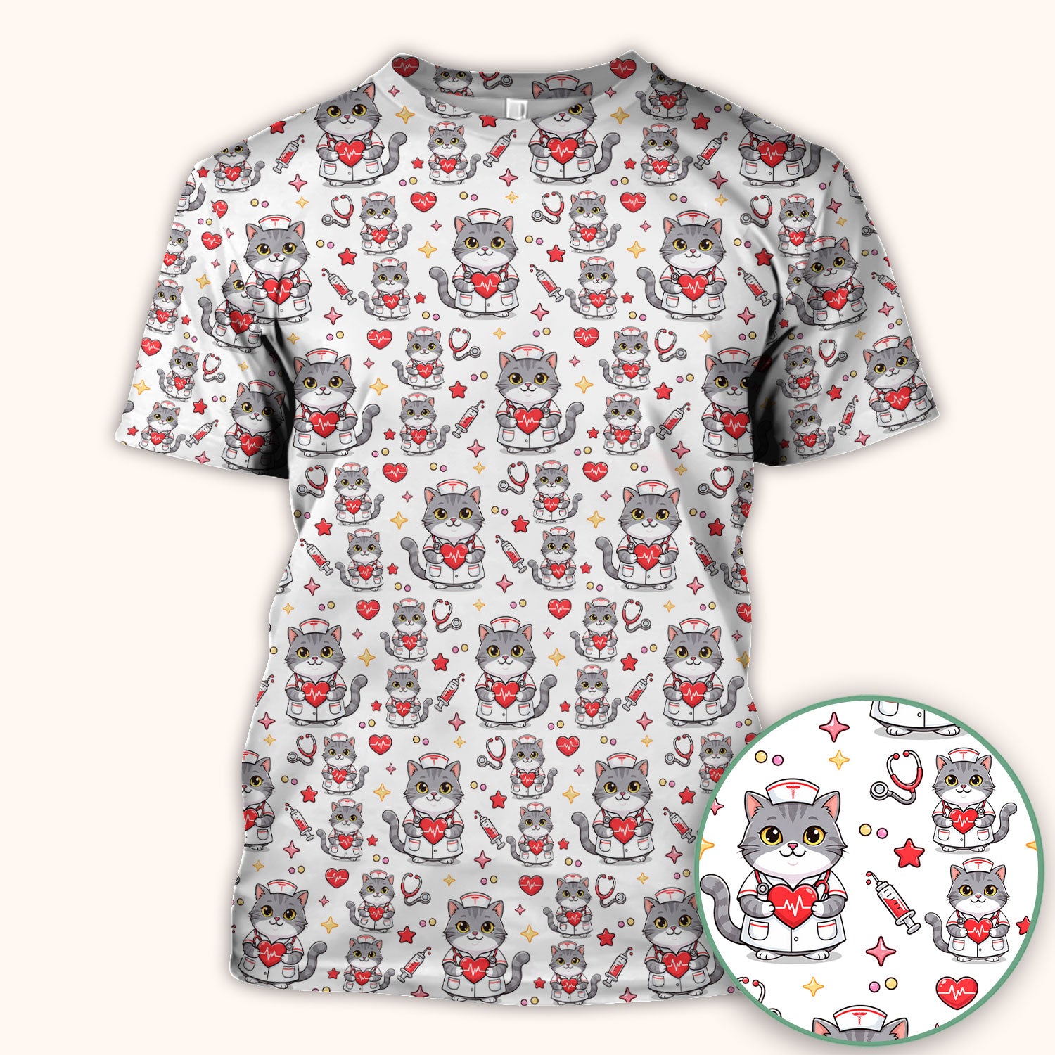 Cute Nurse Cat Heart Medical Print Scrub Top, Comfortable Scrubs for Nurses