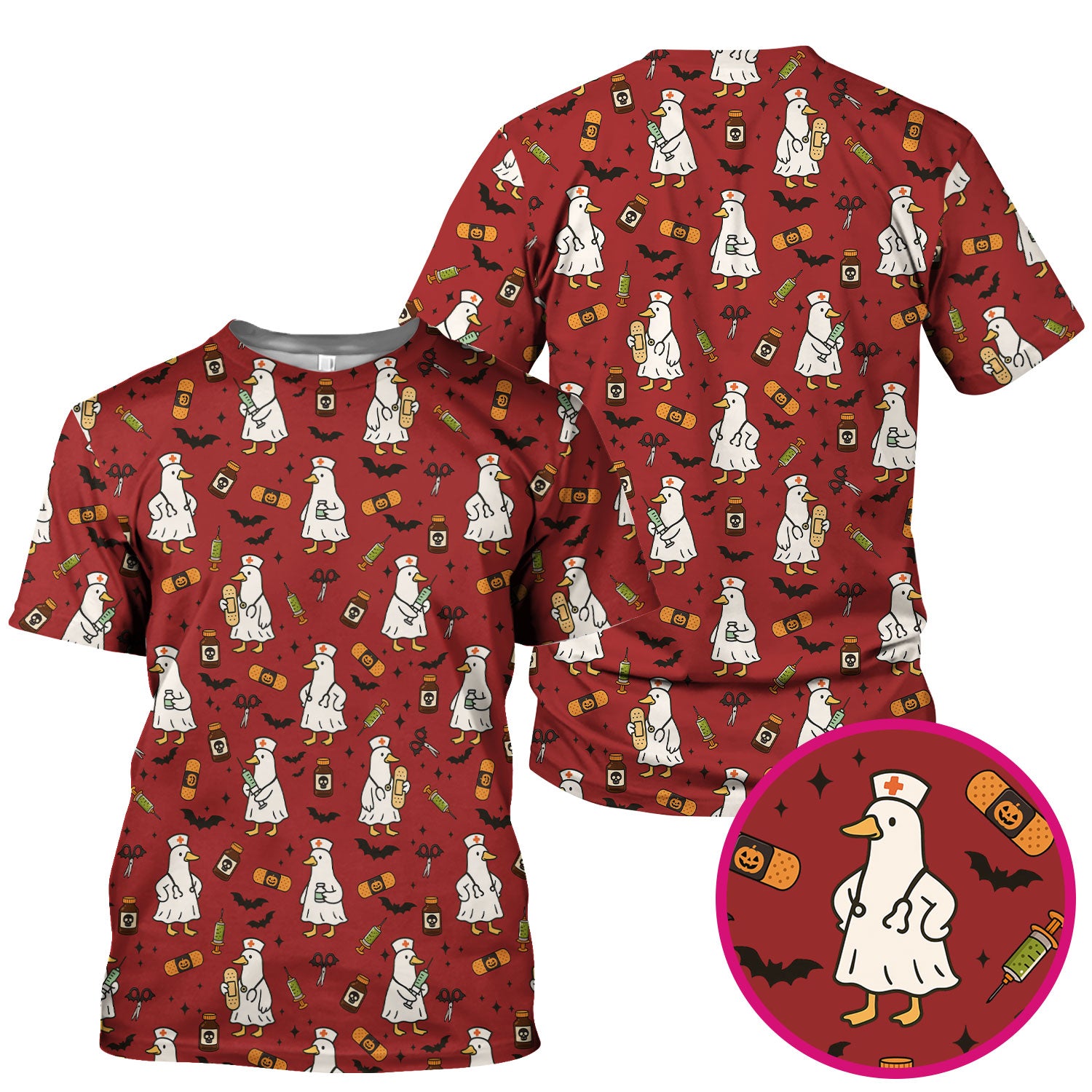 Cute Duck Pattern Nurse Scrub Top - Funny Goose Halloween Medical Design - Playful Spooky Nursing Shirt for RN LPN CNA Women