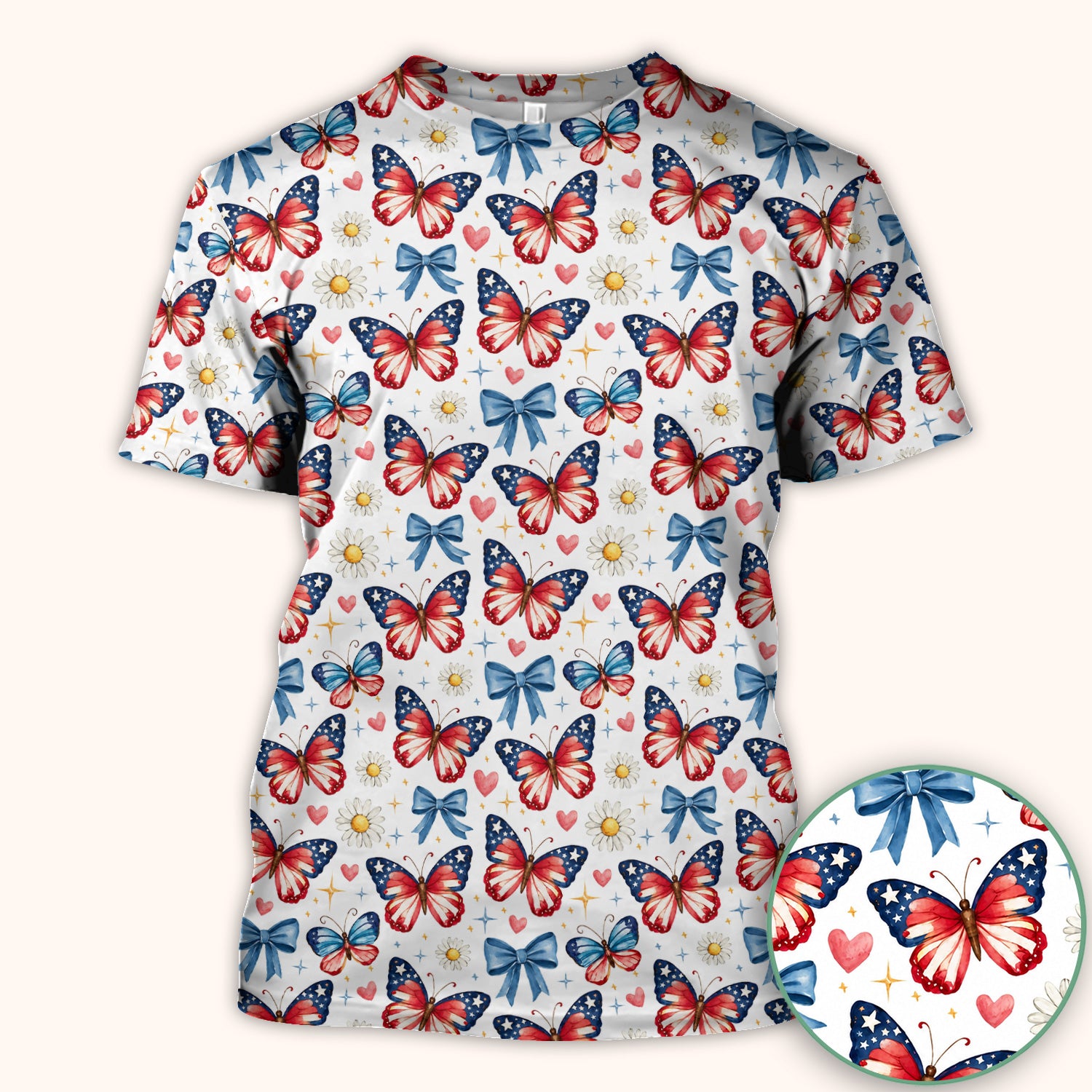 Patriotic Butterfly Bow Daisy Pattern Scrub Top, Comfortable Scrubs for Nurses