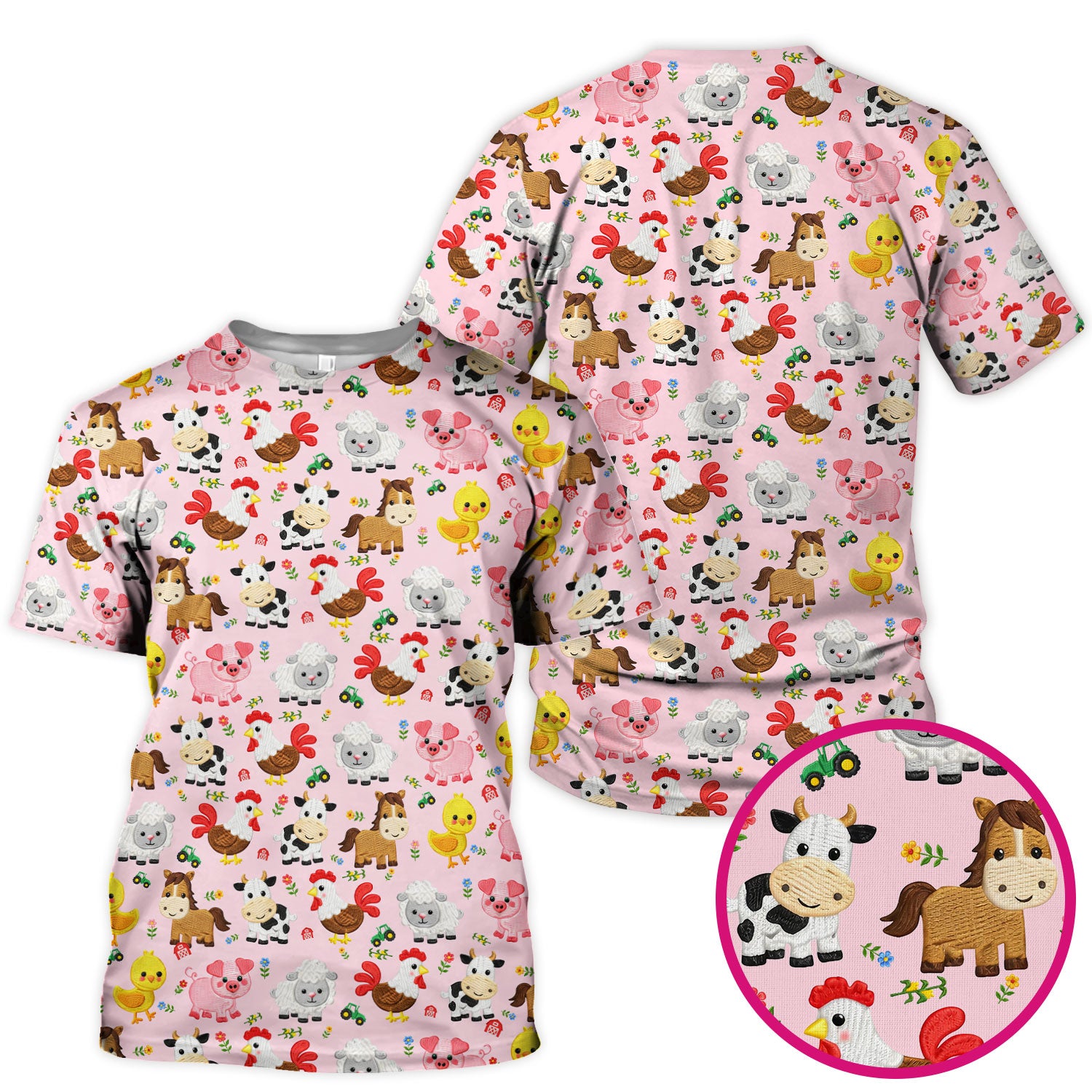 Cartoon Farm Animal Pattern Scrub Top, Breathable Fabrics Nursing Uniform