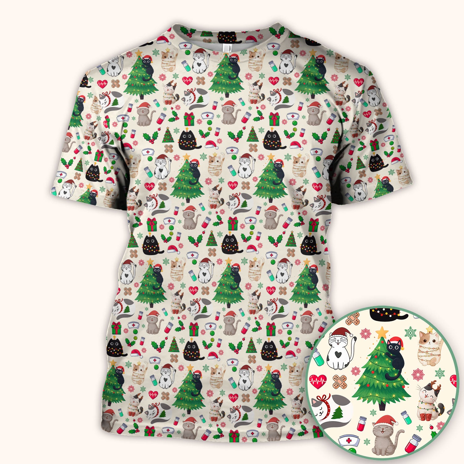 Christmas Cat Scrub Top, Xmas Pet Pattern Scrub Shirt, Breathable Fabrics Nursing Uniform