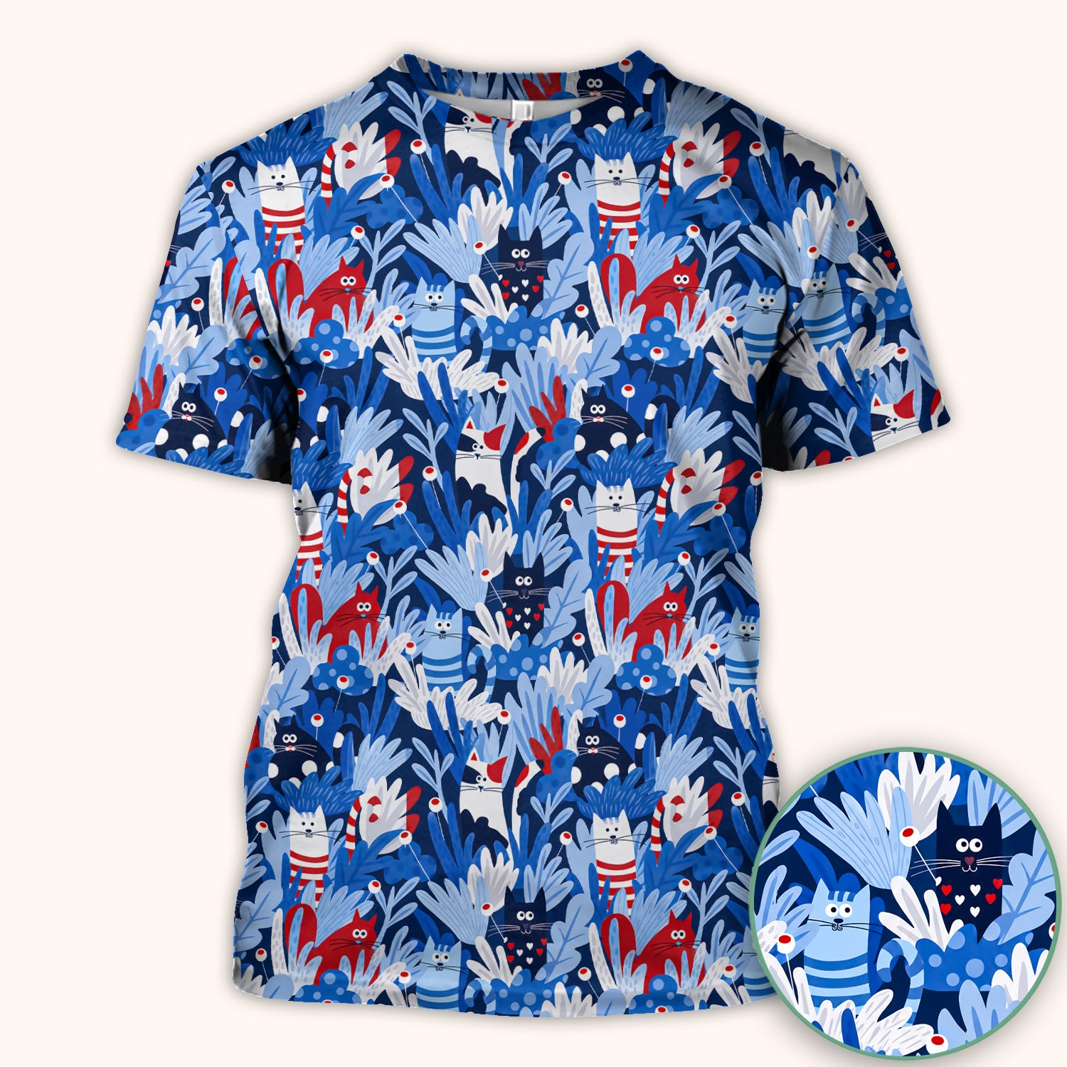Cute Cats Among Blue Foliage Pattern Scrub Top, Comfortable Scrubs for Nurses