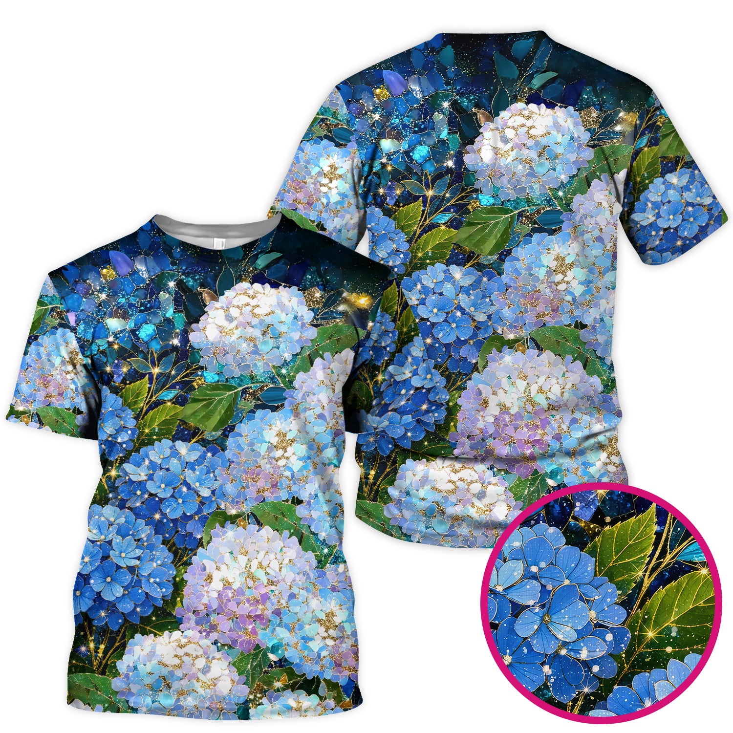 Blue Hydrangea Floral Pattern Scrub Top, Breathable Fabrics Nursing Uniform