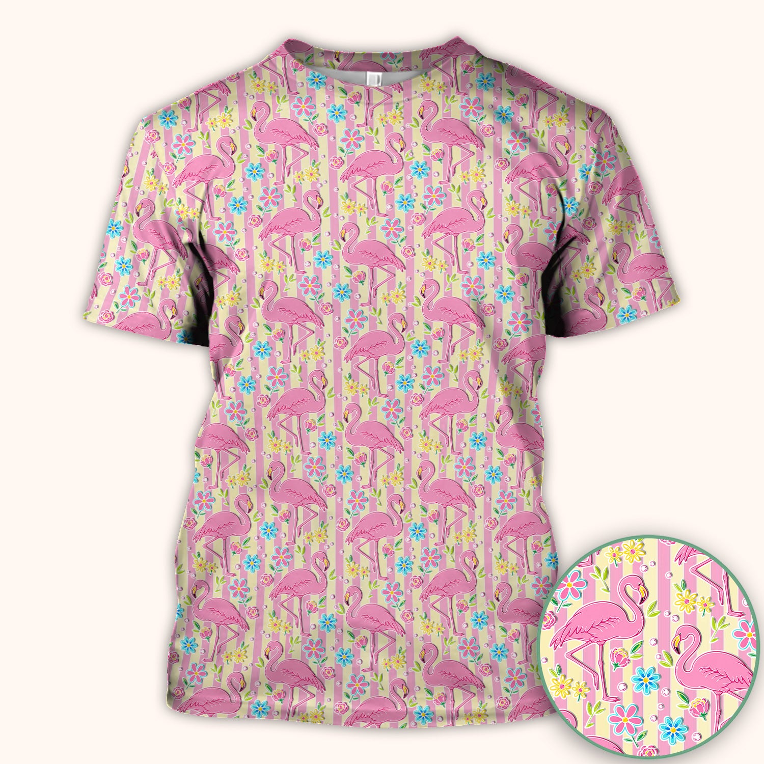Pink Flamingo Flower Stripe Pattern Scrub Top, Comfortable Scrubs for Nurses