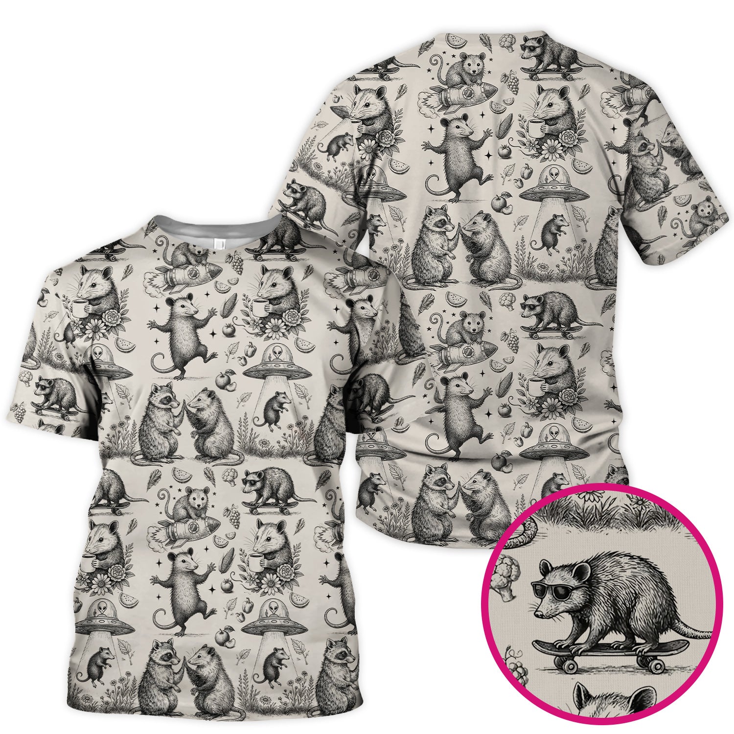 Funny Nurse Vintage Possum Raccoon High Five UFO Pattern Scrub Top, Breathable Fabrics Nursing Uniform