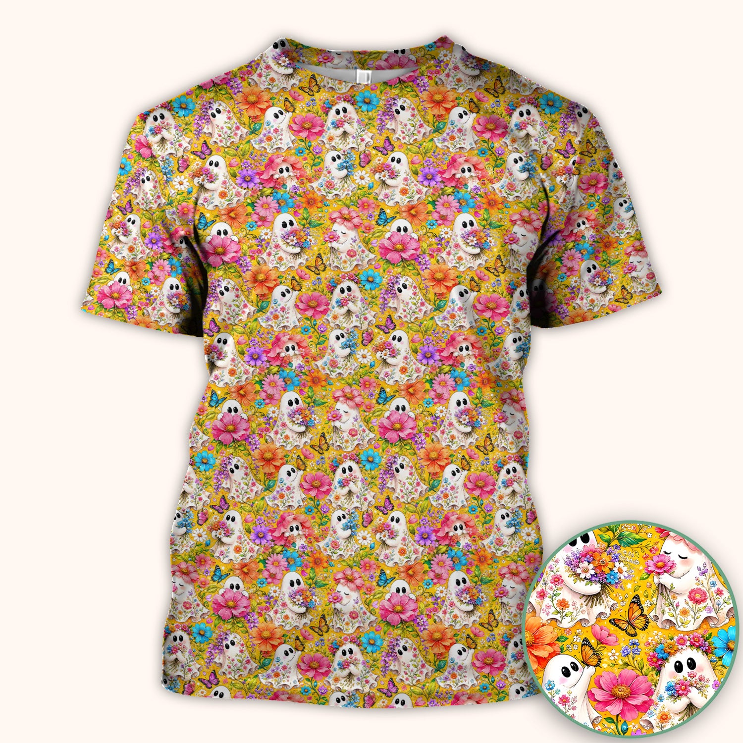 Cute Floral Ghosts And Butterflies Scrub Top, Comfortable Scrubs for Nurses