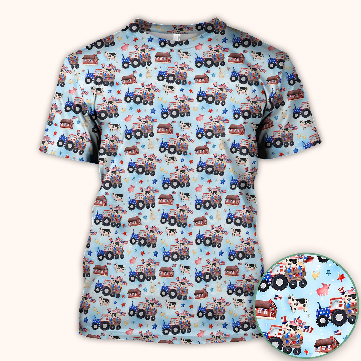 Patriotic Cow Tractor Farm Stars Pattern Scrub Top, Comfortable Scrubs for Nurses