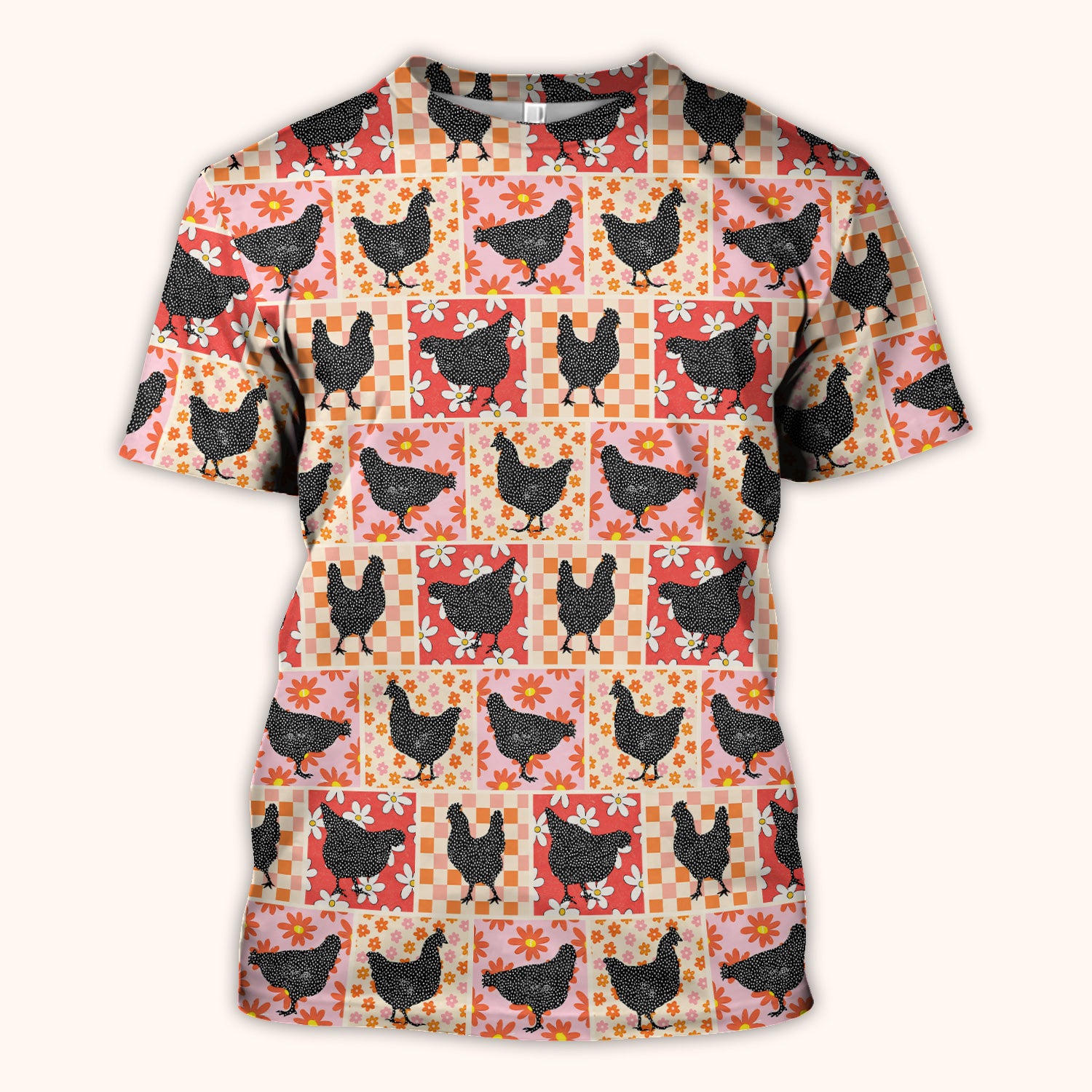 Charming Chicken Patchwork Floral Pattern Scrub Top, Comfortable Scrubs For Nurses