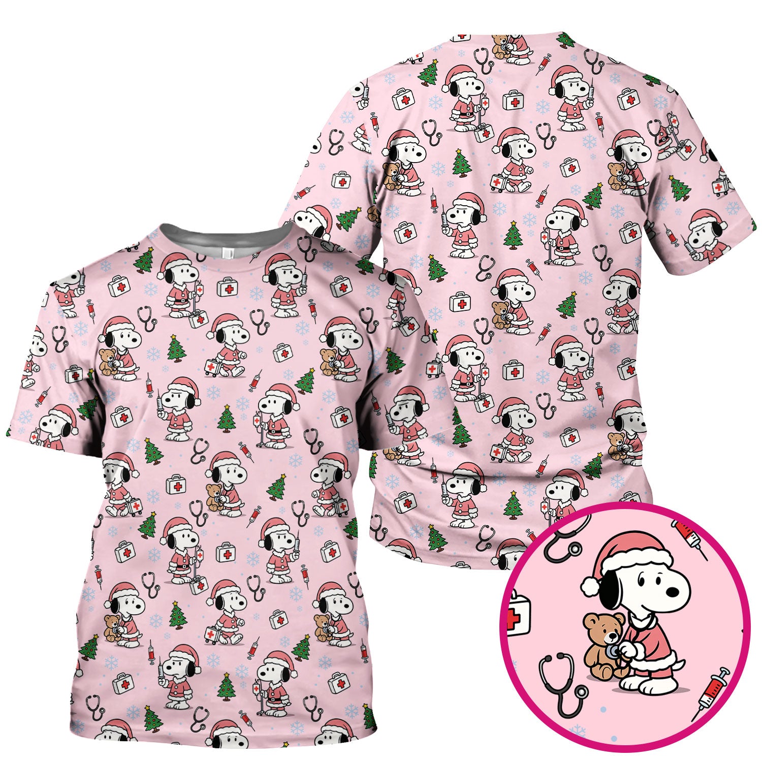 Snoopy Christmas Nurse Scrubs Top - Cute Pink Holiday Nursing Shirt - Funny Xmas Scrub Top for Women Nurses & Medical Workers