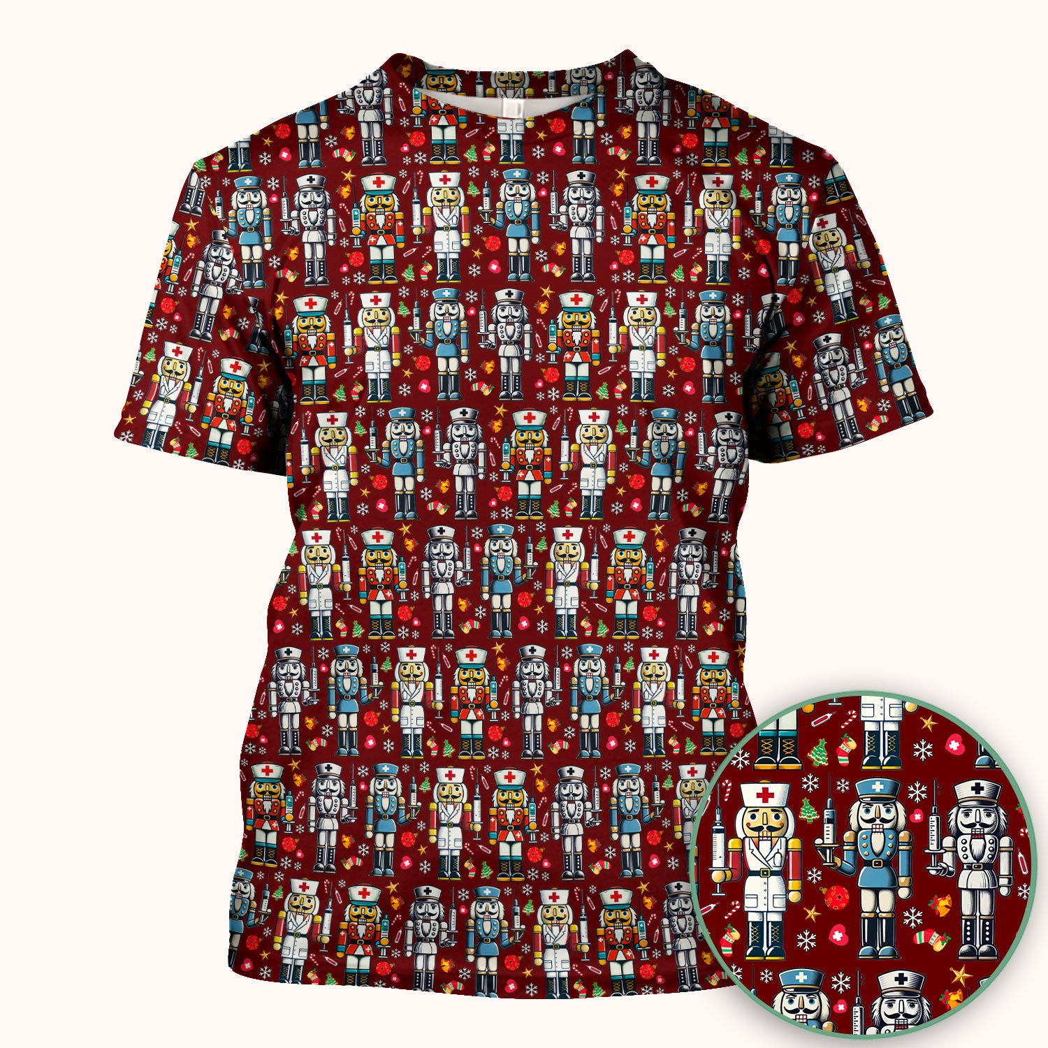 Funny Nutcracker Christmas Scrub Top – Cute Holiday Nurse Pattern Shirt – Festive Medical Uniform for RN, LPN, CNA, and Healthcare Workers