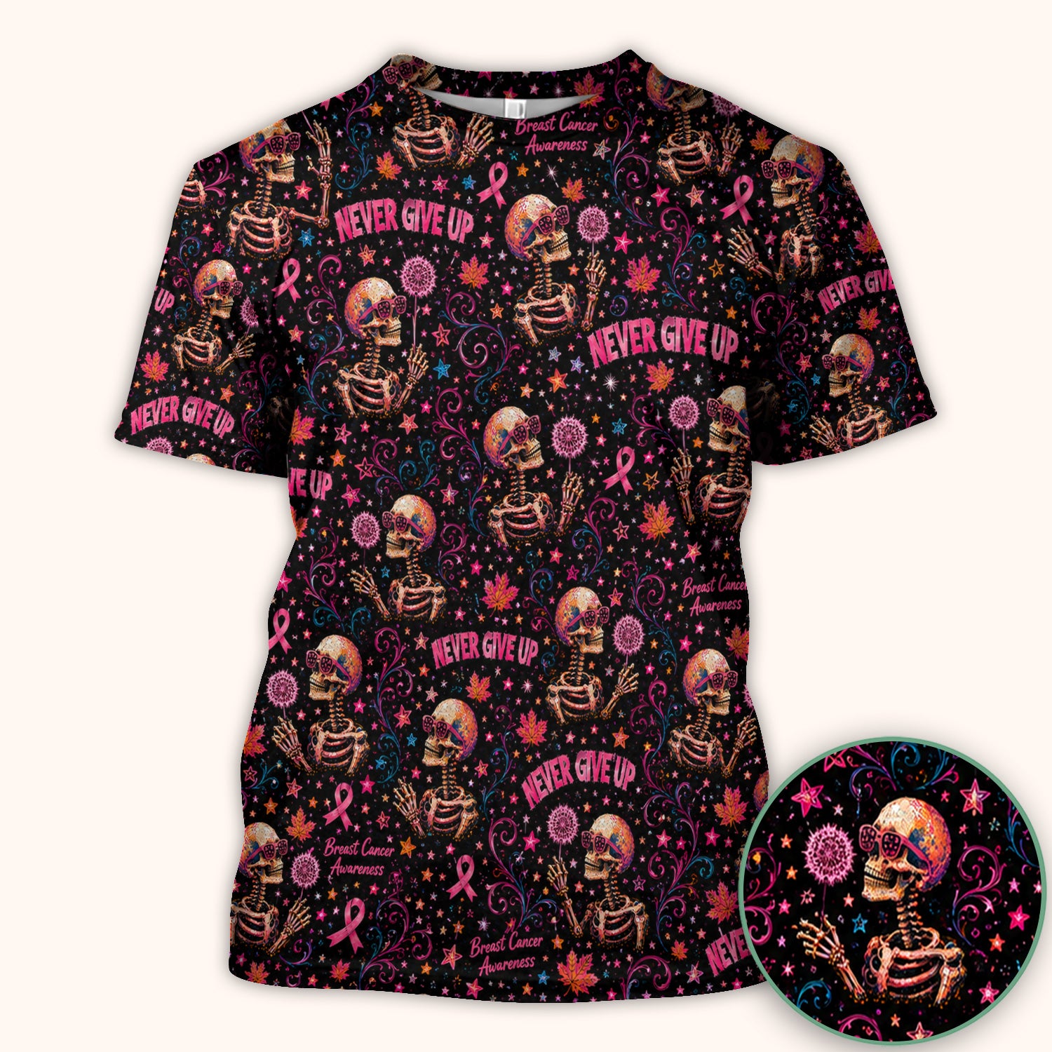 Breast Cancer Awareness Skeletons Pattern Scrub Top, Comfortable Scrubs for Nurses