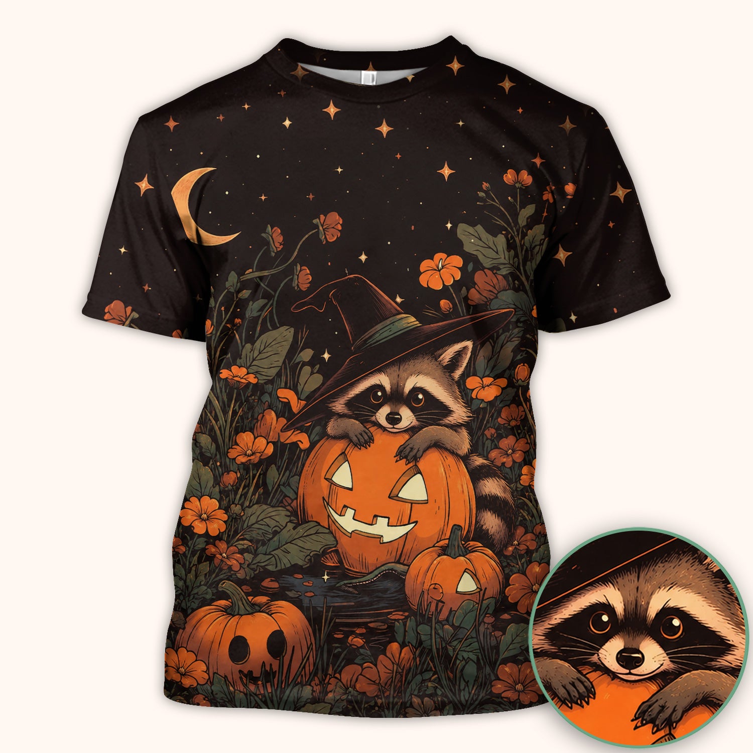 Spooky Halloween Raccoon Print Scrub Top, Comfortable Scrubs for Nurses