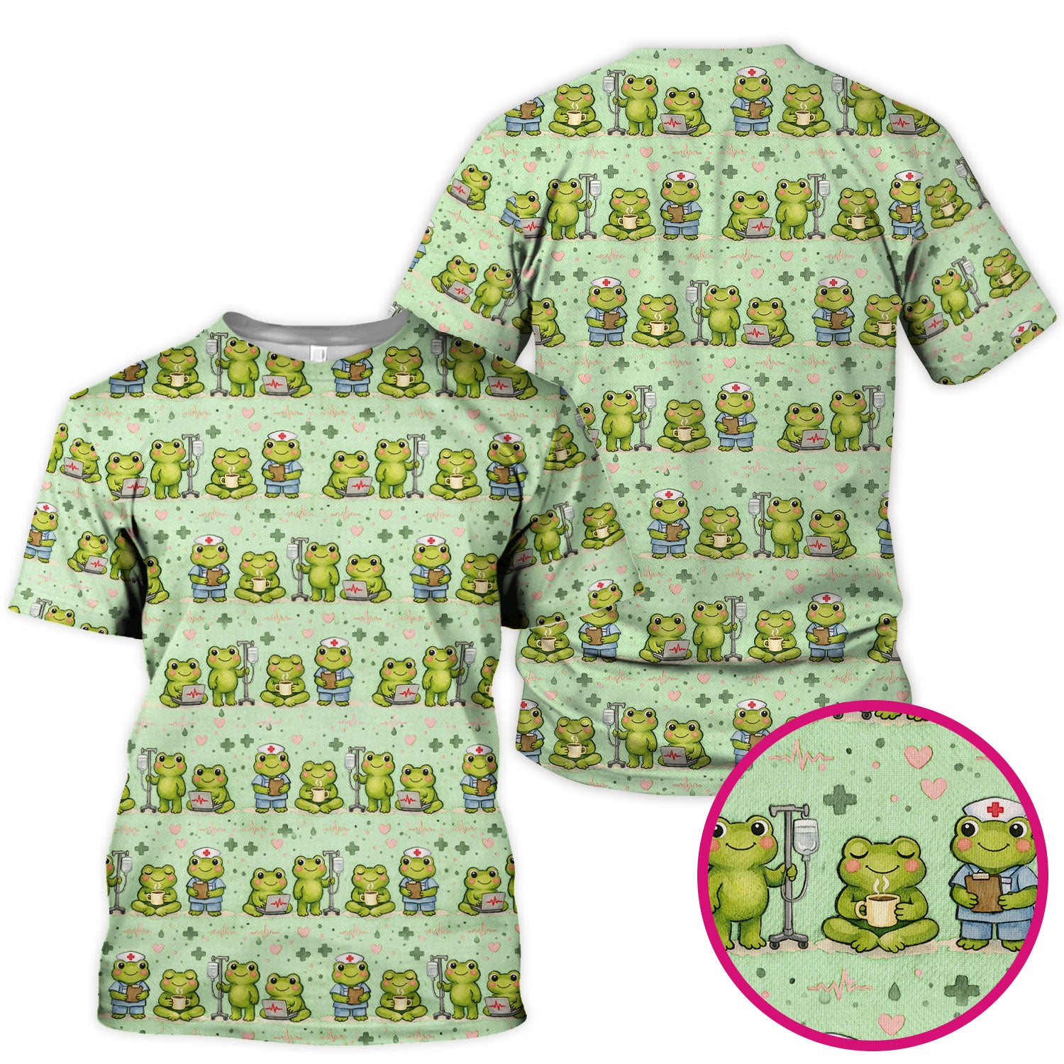 Adorable Frog Nurse Various Poses Print Scrub Top, Comfortable Scrubs for Nurses