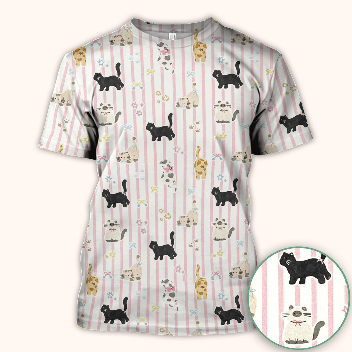 Cute Playful Cat Stripe Ribbon Pattern Scrub Top, Breathable Fabrics Nursing Uniform