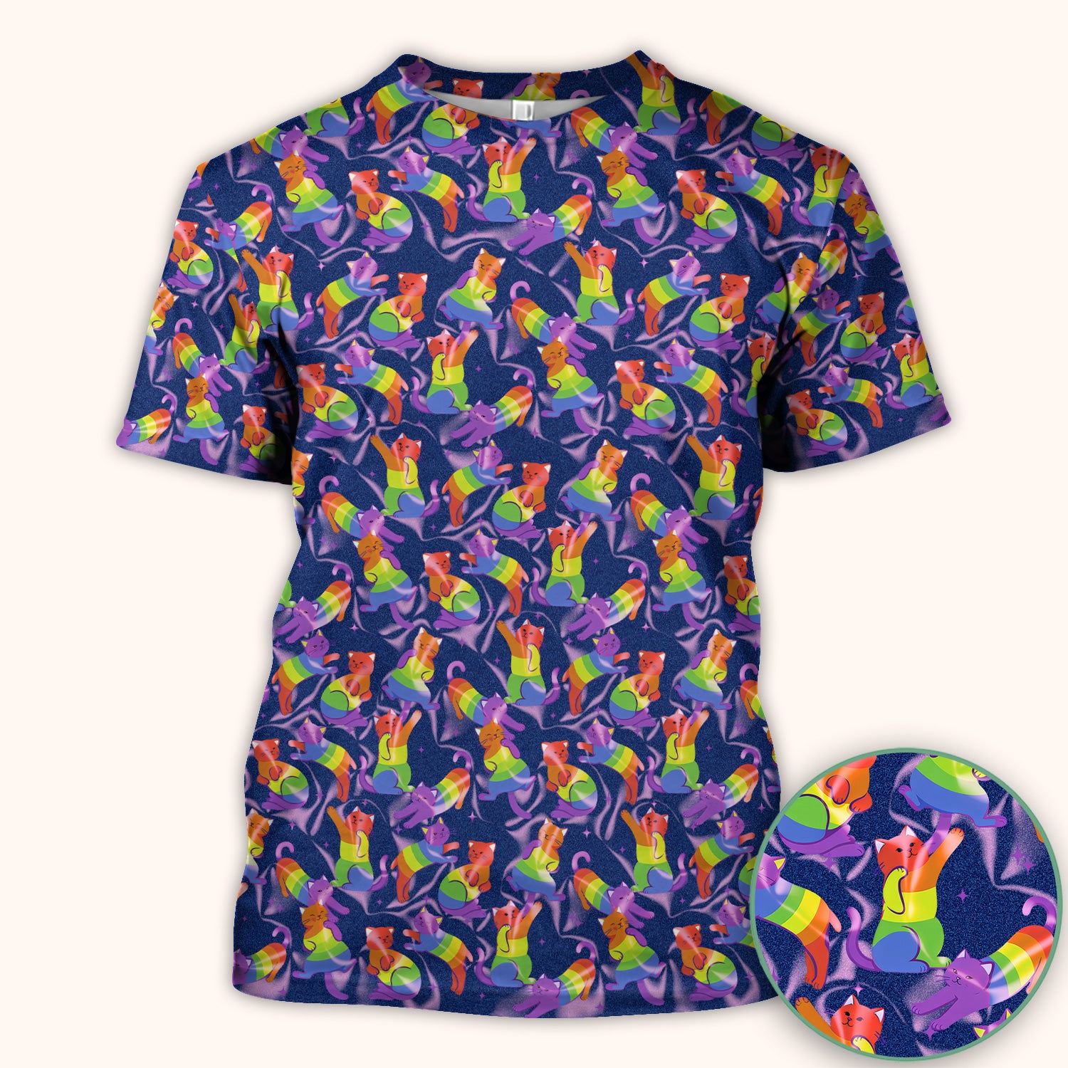 Rainbow Pride Cat Pattern Scrub Top, Breathable Fabrics Nursing Uniform